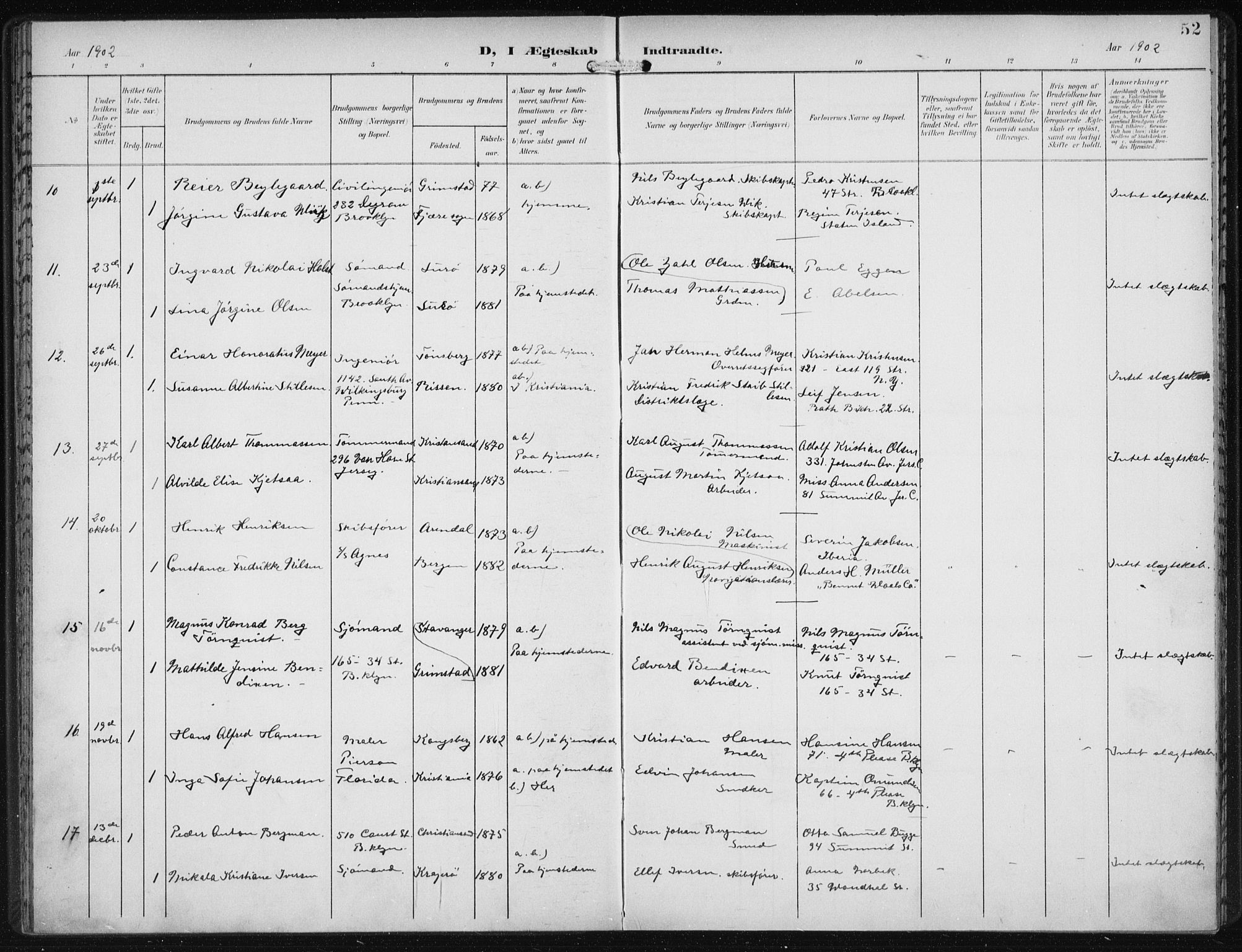 Den norske sjømannsmisjon i utlandet/New York, SAB/SAB/PA-0110/H/Ha/L0005: Parish register (official) no. A 5, 1902-1908, p. 52