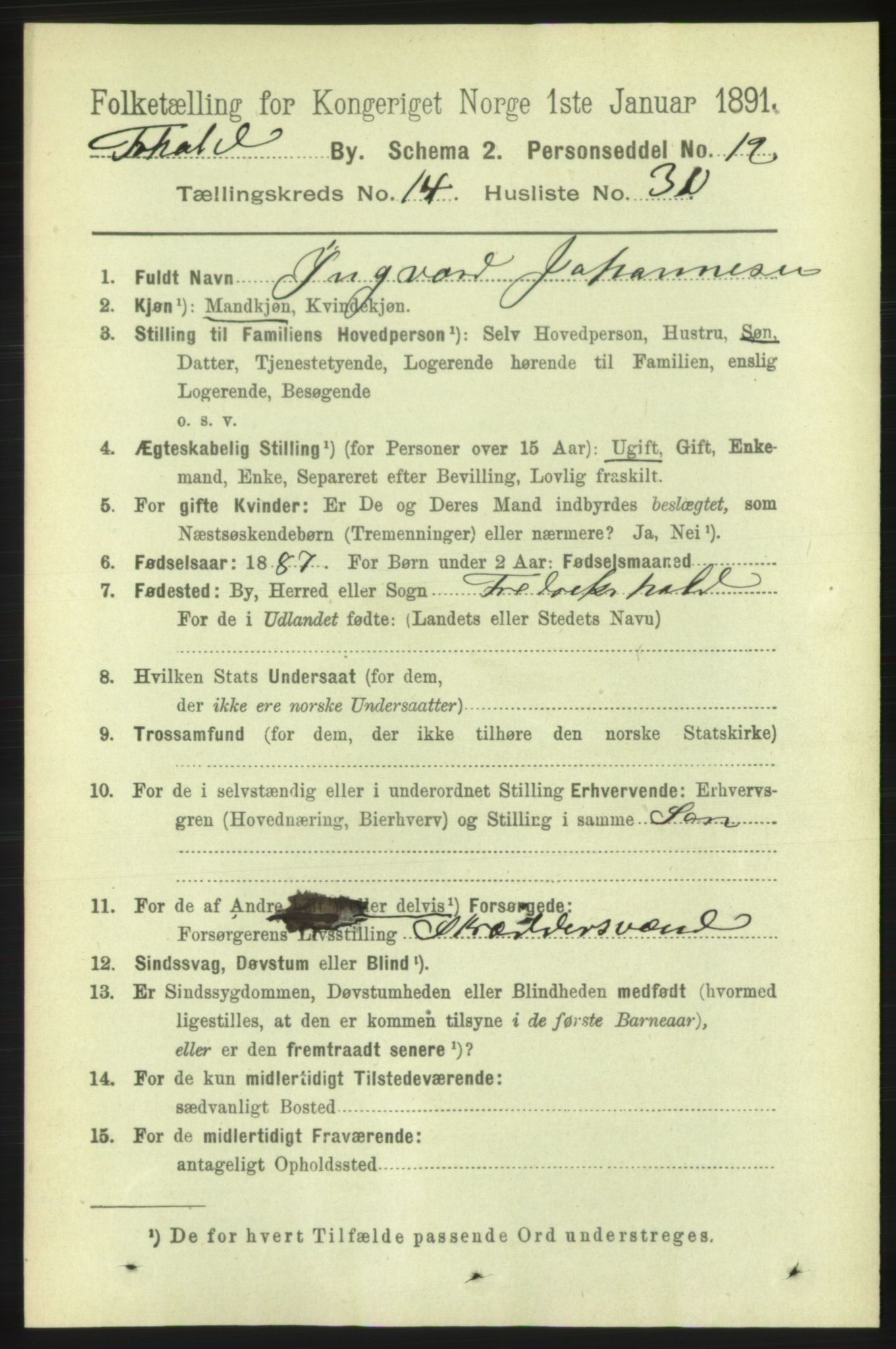 RA, 1891 census for 0101 Fredrikshald, 1891, p. 9437