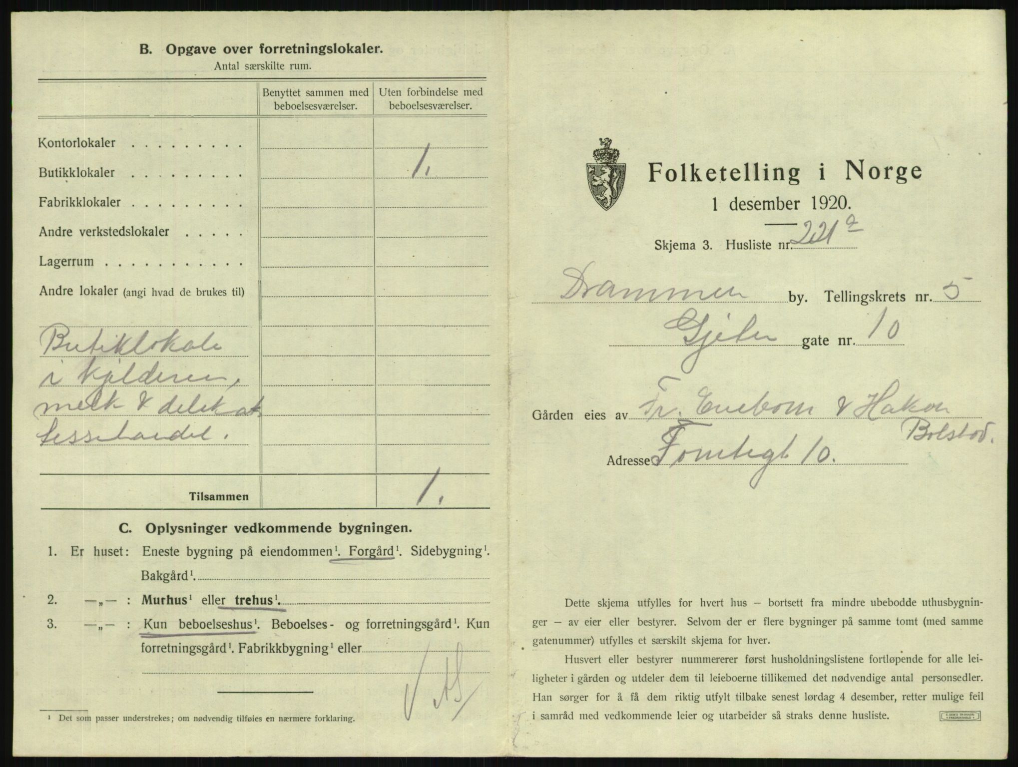 SAKO, 1920 census for Drammen, 1920, p. 2654