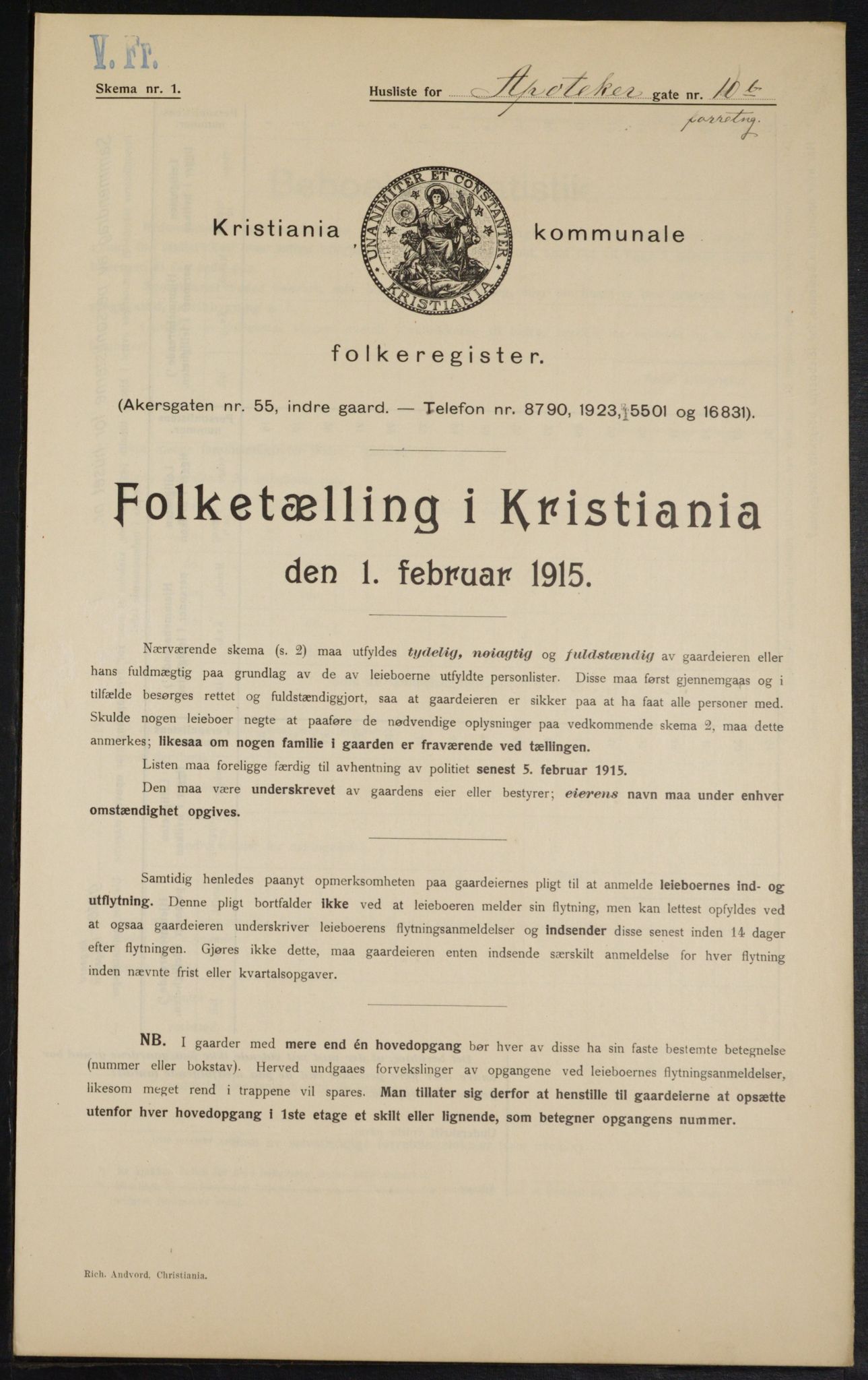 OBA, Municipal Census 1915 for Kristiania, 1915, p. 1419