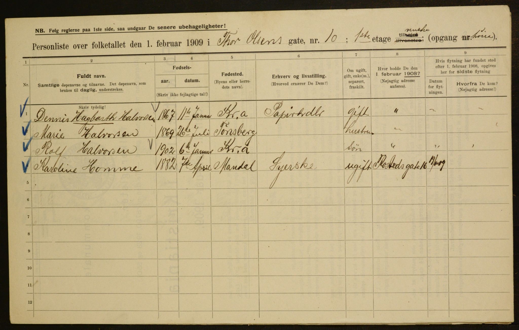 OBA, Municipal Census 1909 for Kristiania, 1909, p. 99219