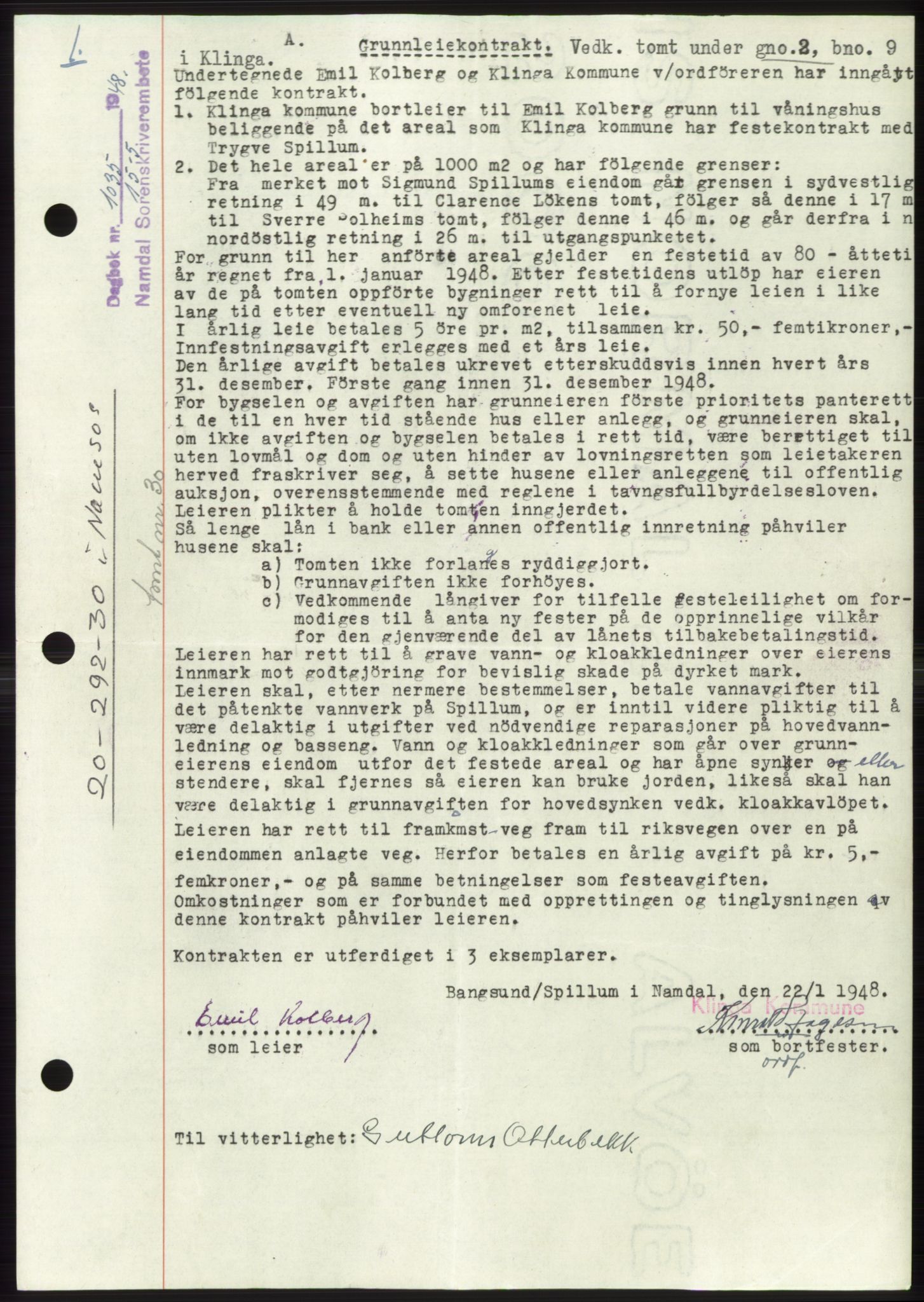 Namdal sorenskriveri, SAT/A-4133/1/2/2C: Mortgage book no. -, 1947-1948, Diary no: : 1035/1948