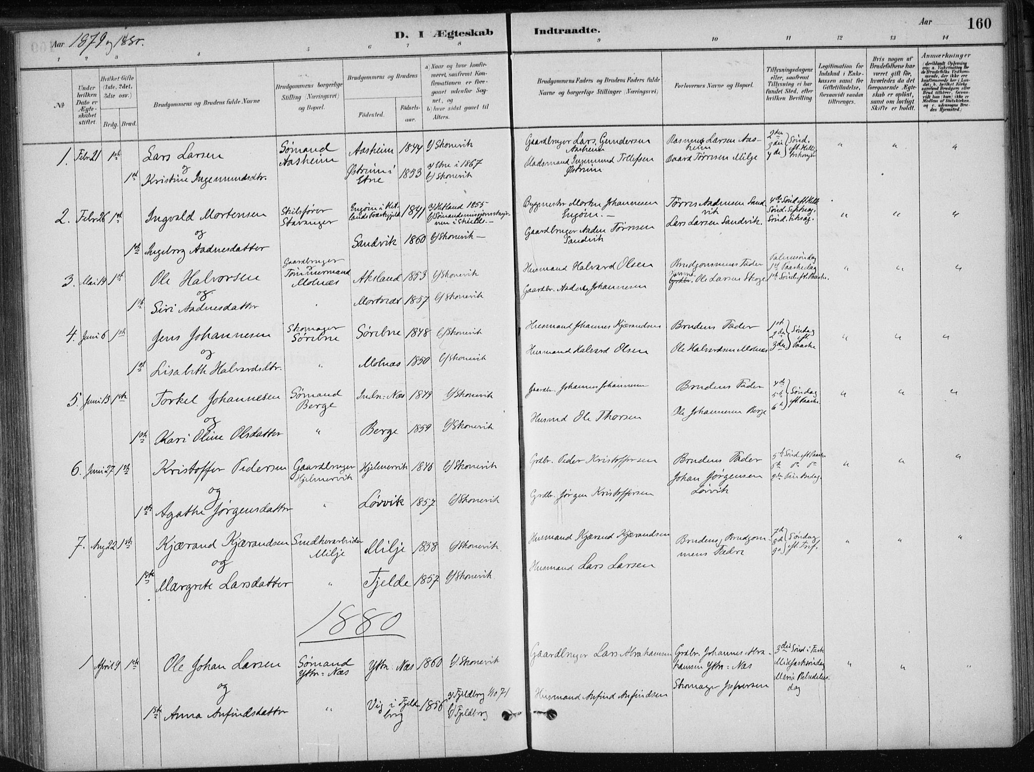Skånevik sokneprestembete, SAB/A-77801/H/Haa: Parish register (official) no. B 1, 1879-1914, p. 160