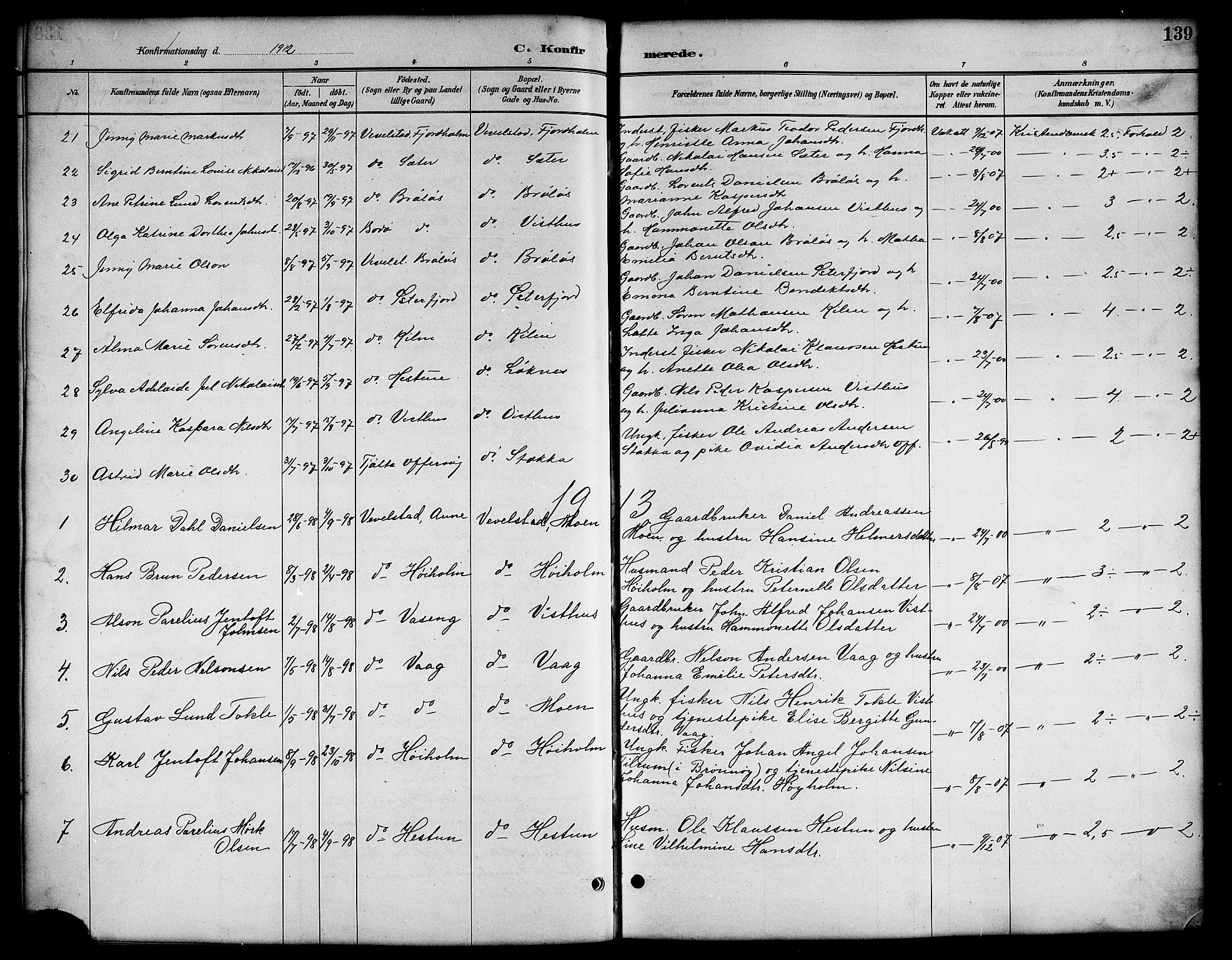 Ministerialprotokoller, klokkerbøker og fødselsregistre - Nordland, SAT/A-1459/819/L0277: Parish register (copy) no. 819C03, 1888-1917, p. 139