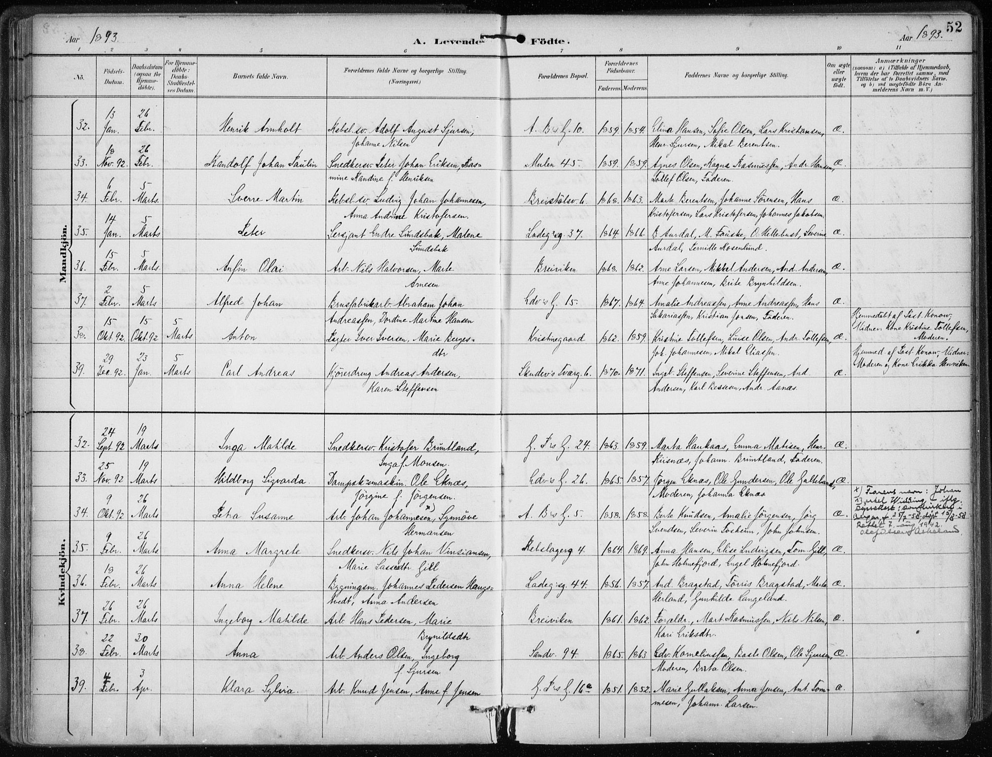 Sandviken Sokneprestembete, AV/SAB-A-77601/H/Ha/L0005: Parish register (official) no. B 2, 1891-1901, p. 52