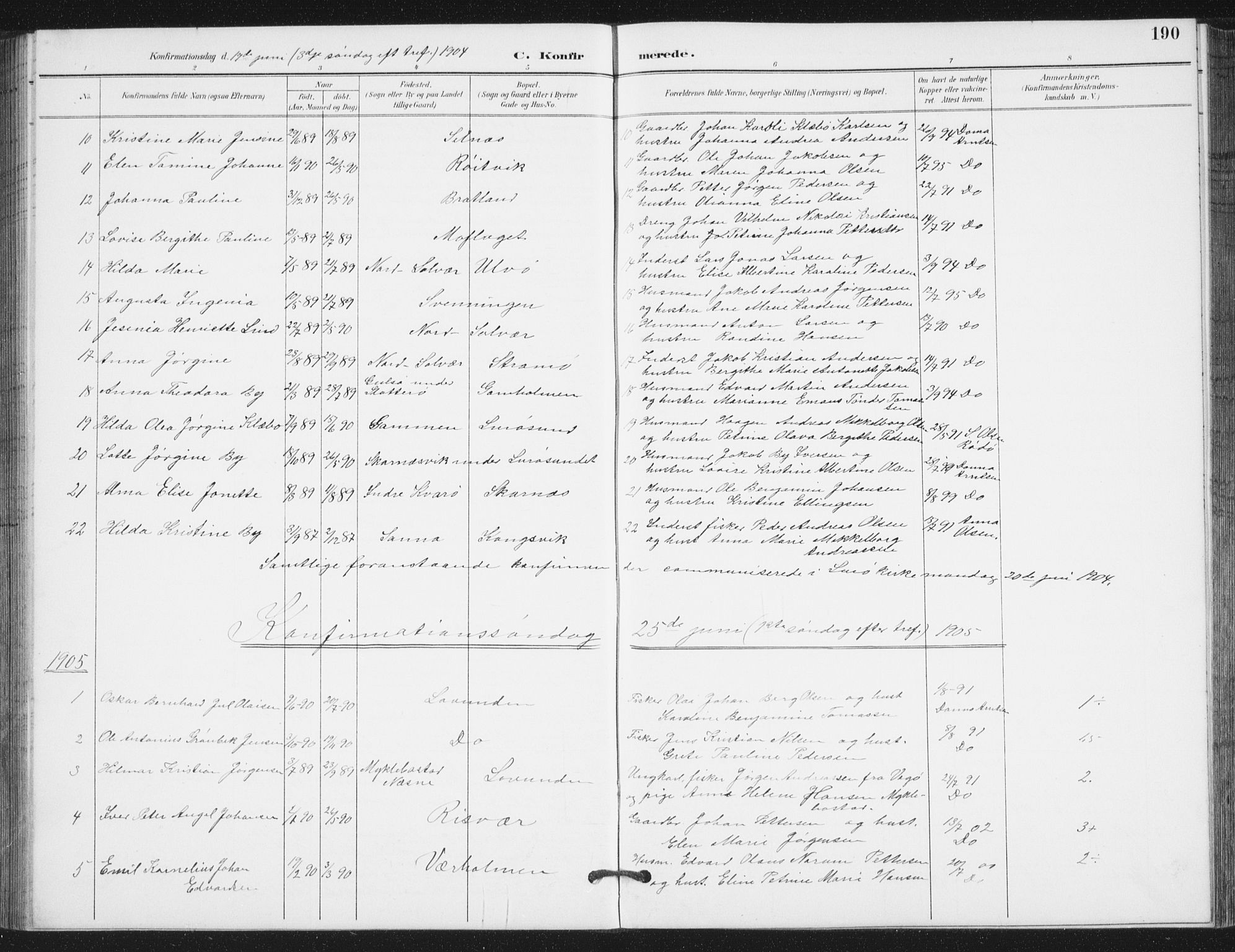 Ministerialprotokoller, klokkerbøker og fødselsregistre - Nordland, SAT/A-1459/839/L0573: Parish register (copy) no. 839C03, 1892-1917, p. 190
