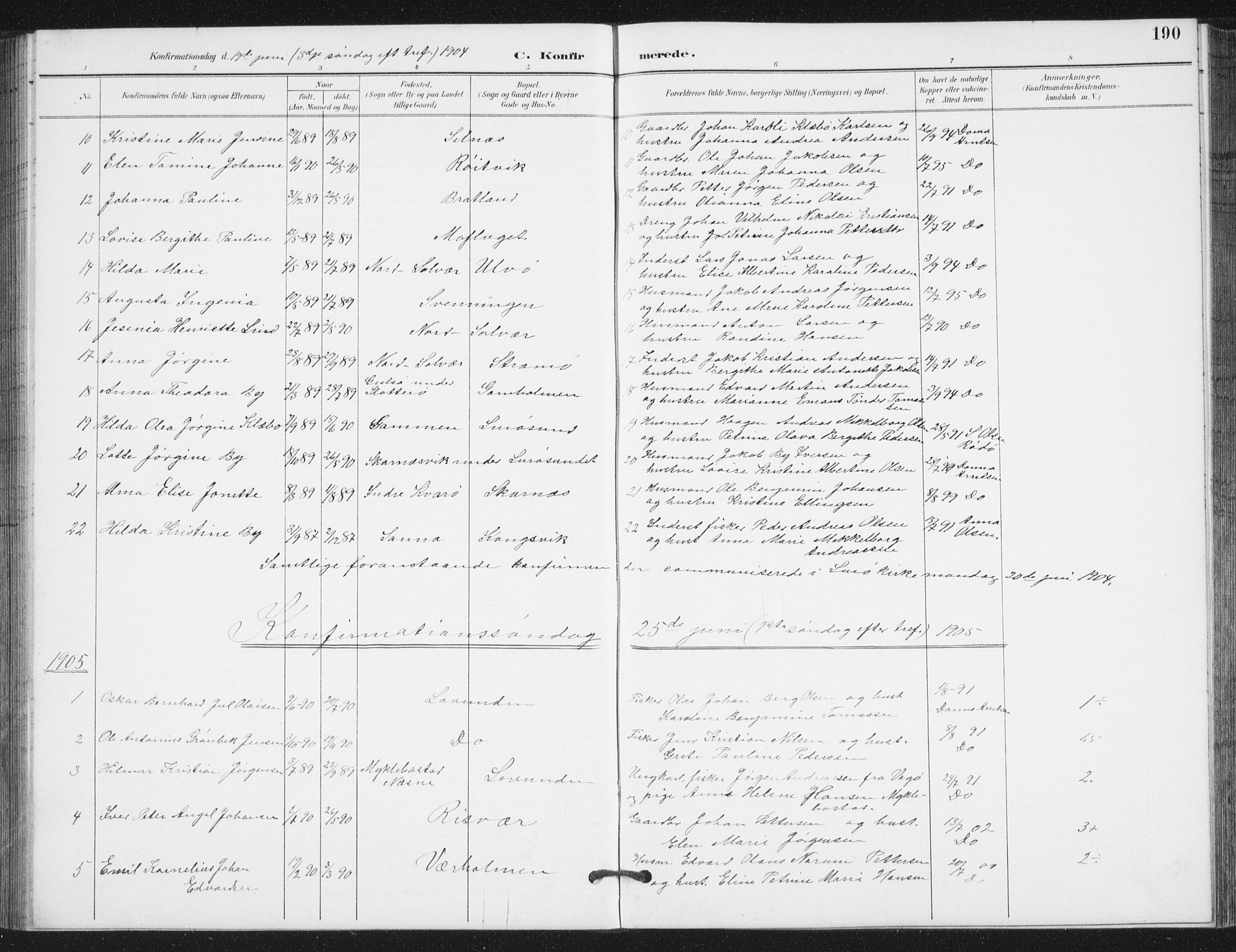 Ministerialprotokoller, klokkerbøker og fødselsregistre - Nordland, AV/SAT-A-1459/839/L0573: Parish register (copy) no. 839C03, 1892-1917, p. 190