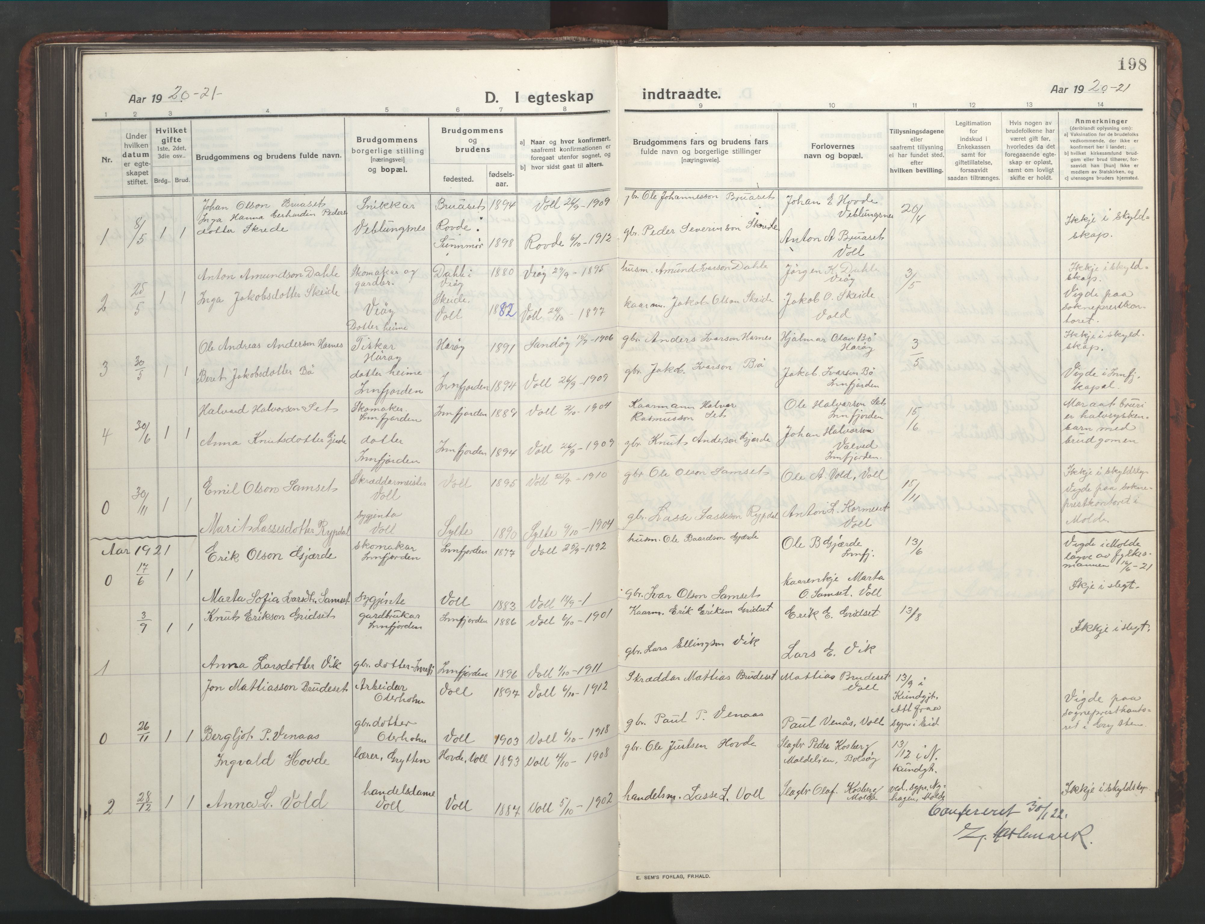 Ministerialprotokoller, klokkerbøker og fødselsregistre - Møre og Romsdal, AV/SAT-A-1454/543/L0565: Parish register (copy) no. 543C03, 1916-1955, p. 198