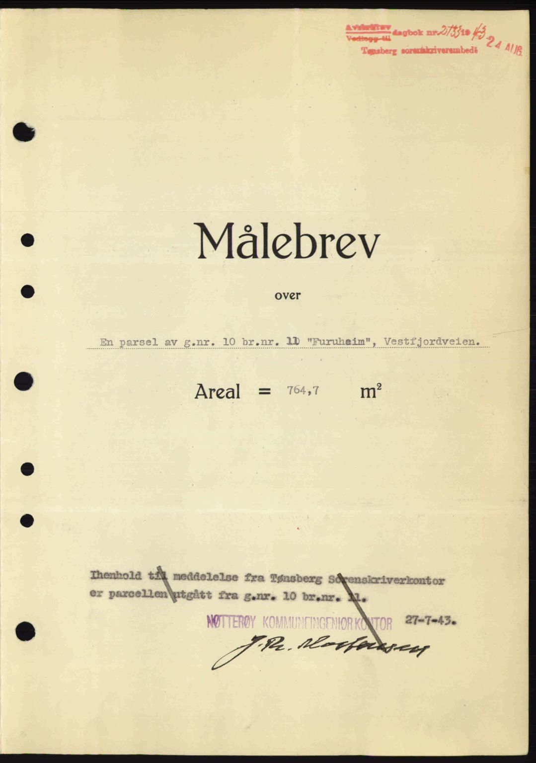 Tønsberg sorenskriveri, AV/SAKO-A-130/G/Ga/Gaa/L0013: Mortgage book no. A13, 1943-1943, Diary no: : 2133/1943