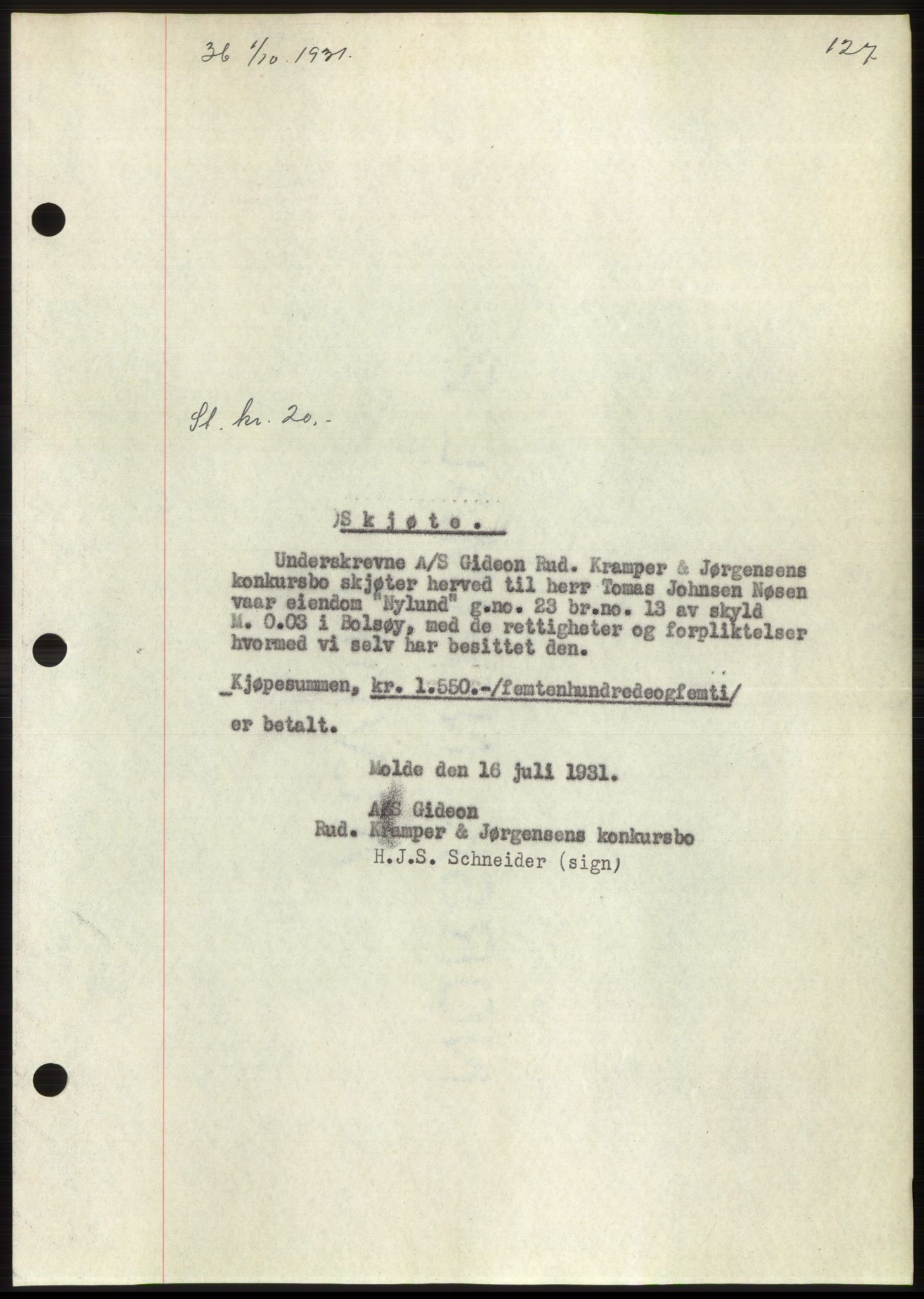 Romsdal sorenskriveri, AV/SAT-A-4149/1/2/2C/L0060: Mortgage book no. 54, 1931-1932, Deed date: 01.10.1931