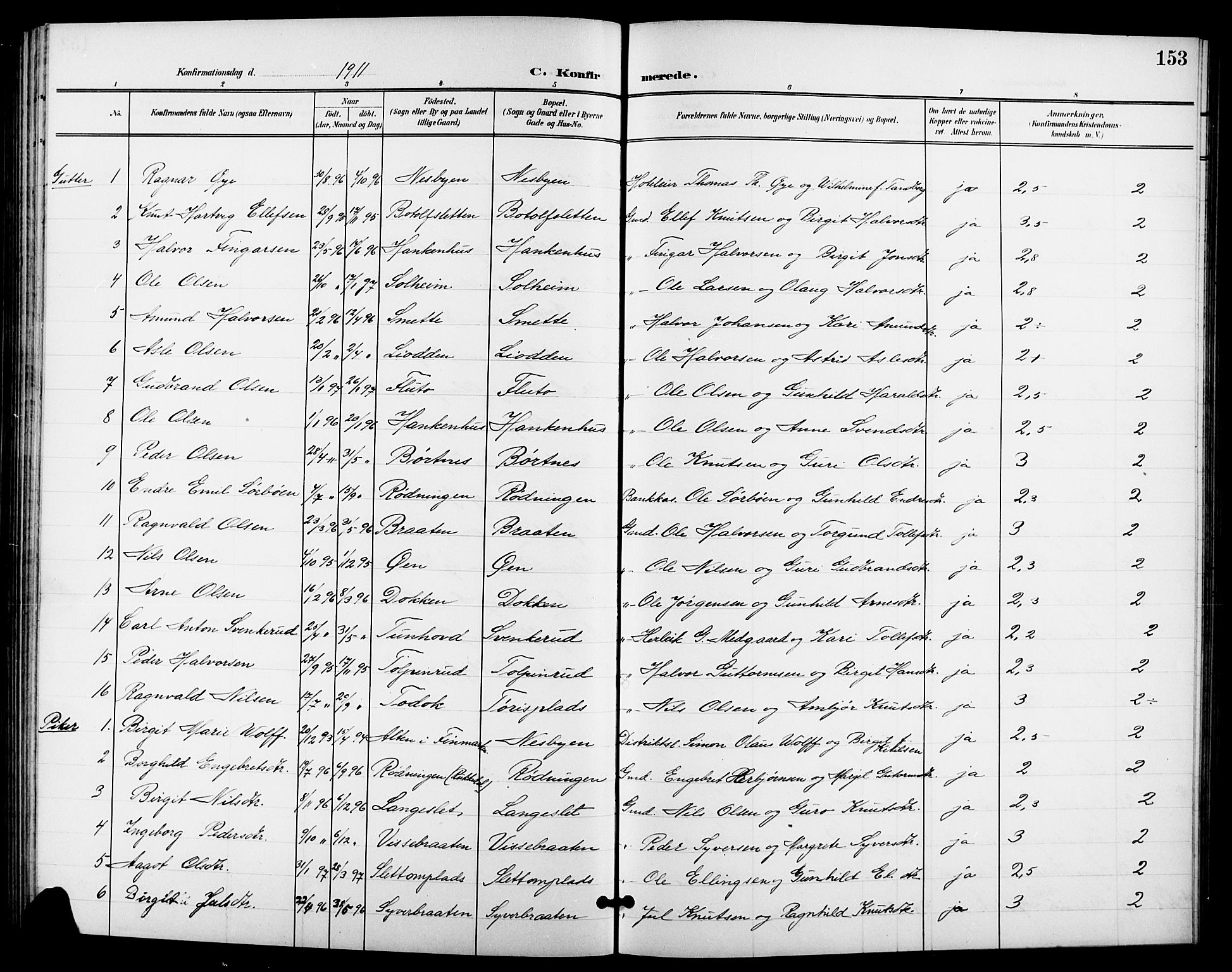 Nes kirkebøker, SAKO/A-236/G/Ga/L0004: Parish register (copy) no. I 4, 1900-1925, p. 153