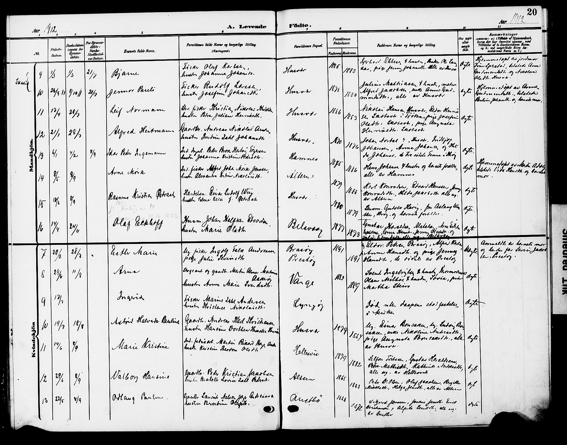 Ministerialprotokoller, klokkerbøker og fødselsregistre - Nordland, AV/SAT-A-1459/830/L0464: Parish register (copy) no. 830C06, 1906-1925, p. 20