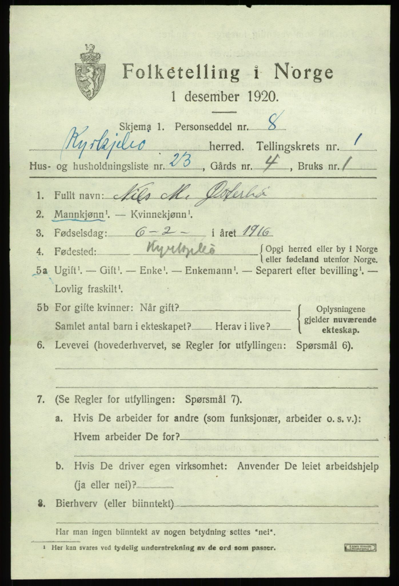 SAB, 1920 census for Kyrkjebø, 1920, p. 1013