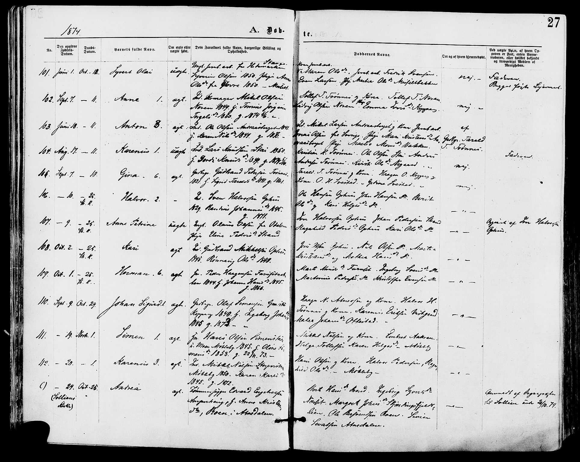 Stor-Elvdal prestekontor, SAH/PREST-052/H/Ha/Haa/L0001: Parish register (official) no. 1, 1871-1882, p. 27