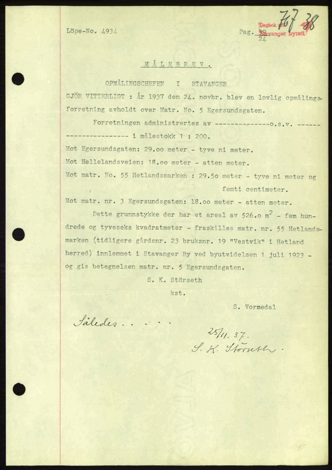 Stavanger byrett, SAST/A-100455/002/G/Gb/L0013: Mortgage book no. A3, 1937-1938, Diary no: : 767/1938