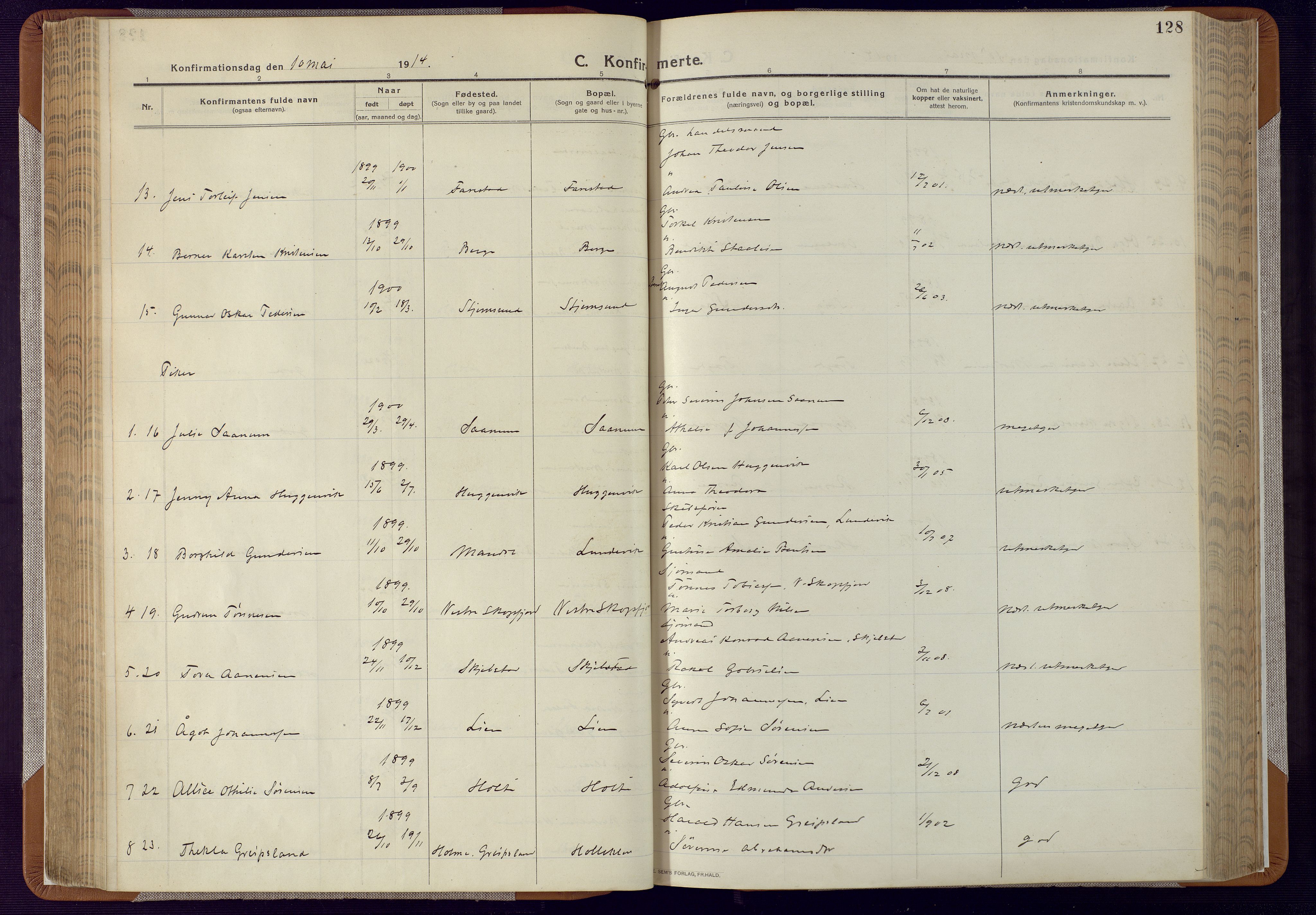 Mandal sokneprestkontor, AV/SAK-1111-0030/F/Fa/Faa/L0022: Parish register (official) no. A 22, 1913-1925, p. 128