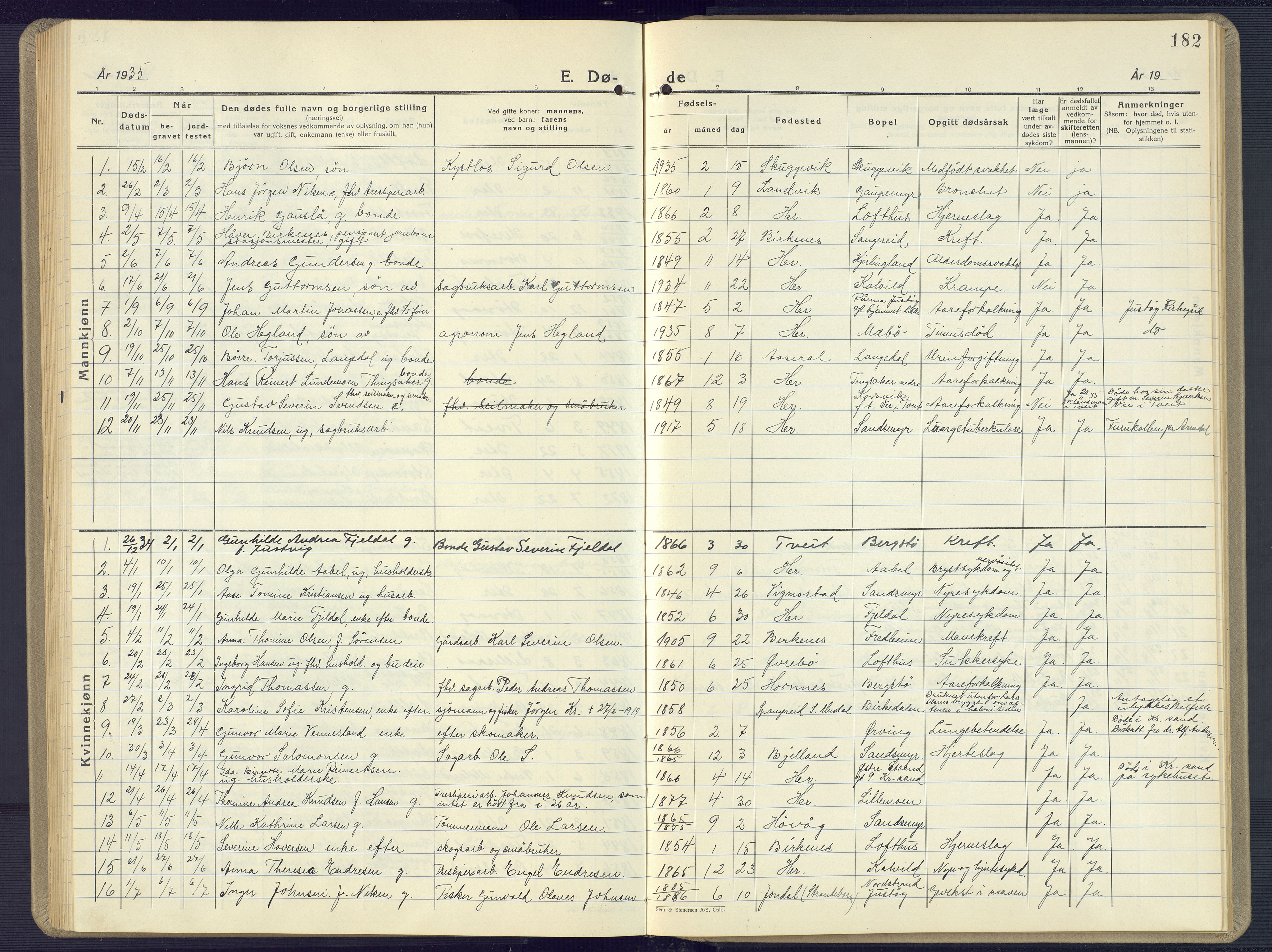 Vestre Moland sokneprestkontor, SAK/1111-0046/F/Fb/Fbb/L0008: Parish register (copy) no. B 8, 1930-1966, p. 182