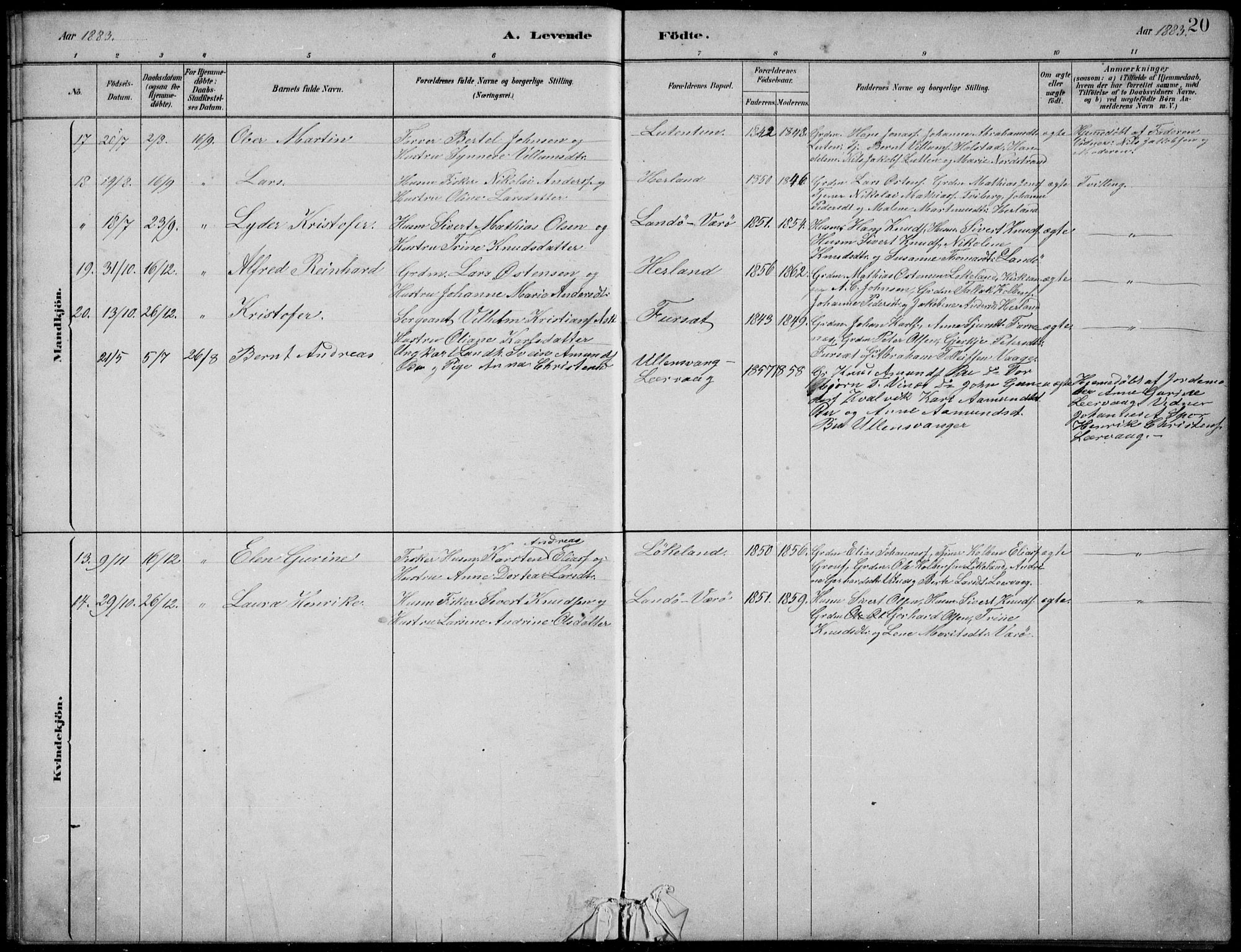 Askvoll sokneprestembete, SAB/A-79501/H/Hab/Habb/L0001: Parish register (copy) no. B 1, 1879-1909, p. 20