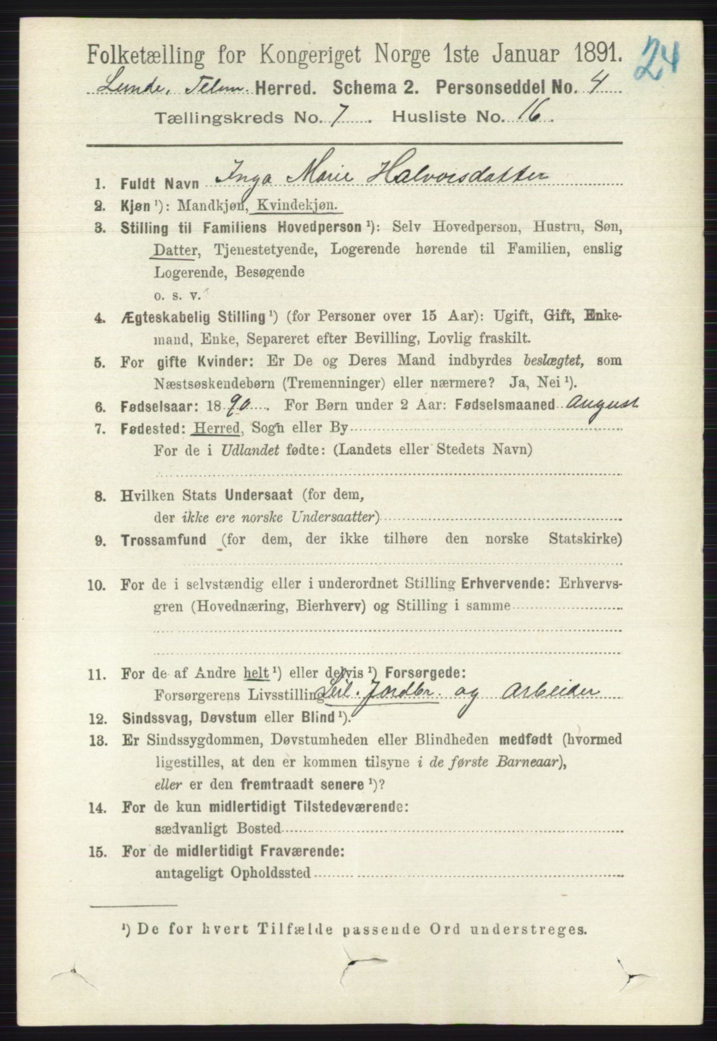 RA, 1891 census for 0820 Lunde, 1891, p. 2308