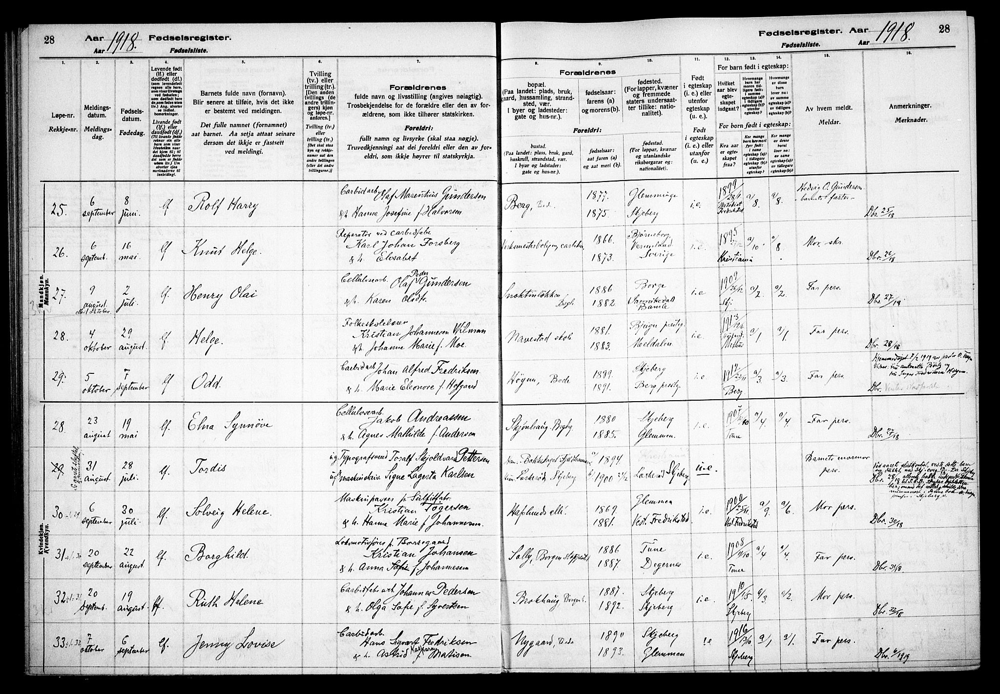 Skjeberg prestekontor Kirkebøker, AV/SAO-A-10923/J/Jd/L0001: Birth register no. IV 1, 1916-1935, p. 28