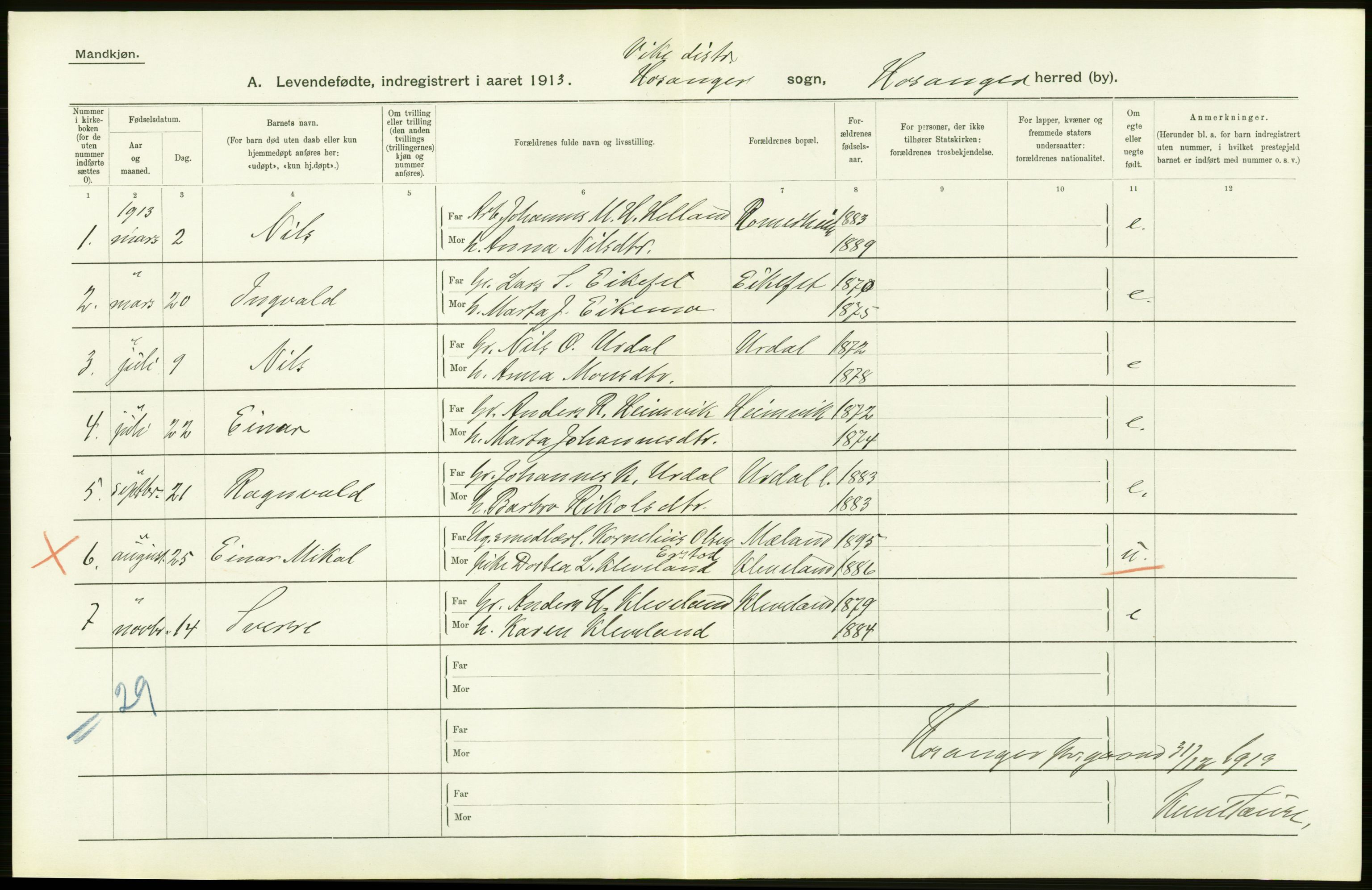 Statistisk sentralbyrå, Sosiodemografiske emner, Befolkning, RA/S-2228/D/Df/Dfb/Dfbc/L0028: S. Bergenhus amt: Levendefødte menn og kvinner. Bygder., 1913