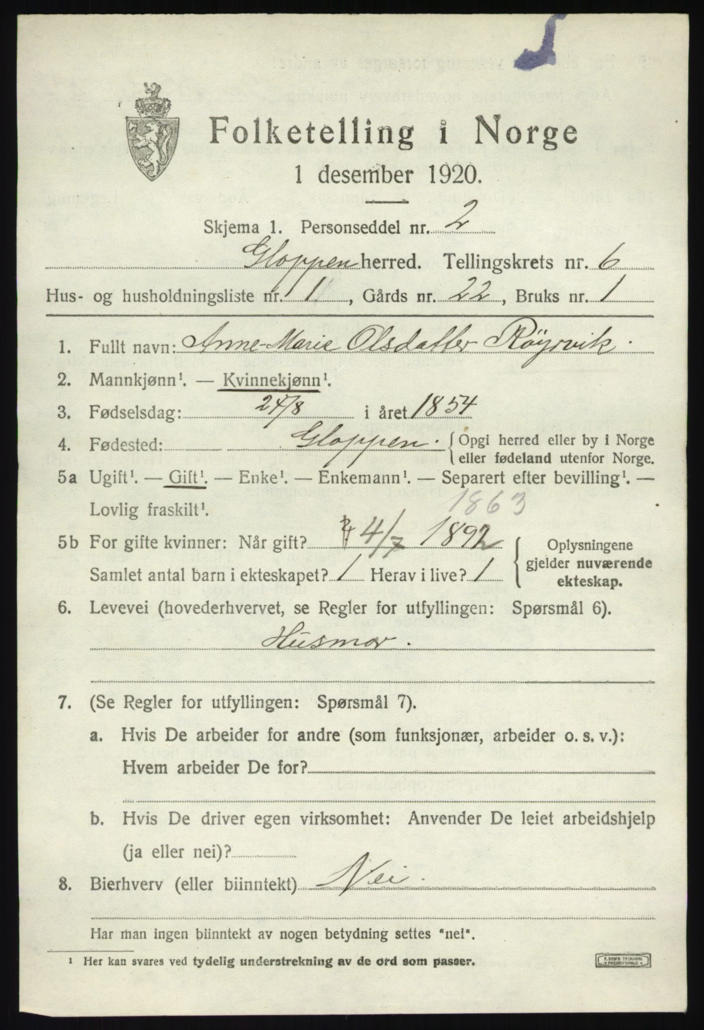 SAB, 1920 census for Gloppen, 1920, p. 3710