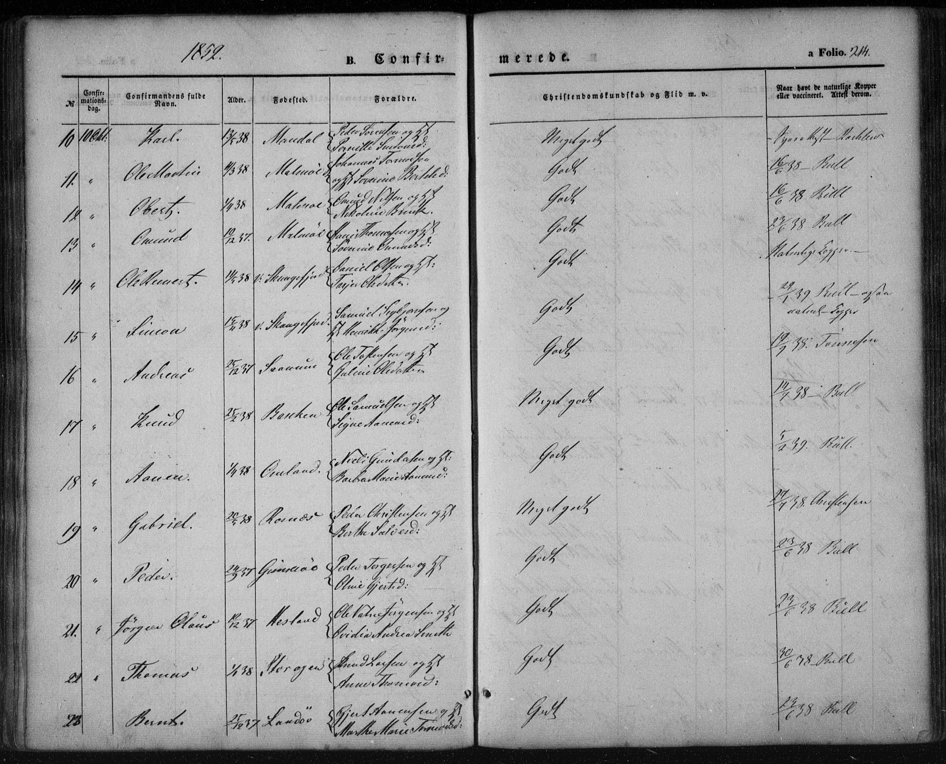 Mandal sokneprestkontor, AV/SAK-1111-0030/F/Fa/Faa/L0013: Parish register (official) no. A 13, 1847-1859, p. 214