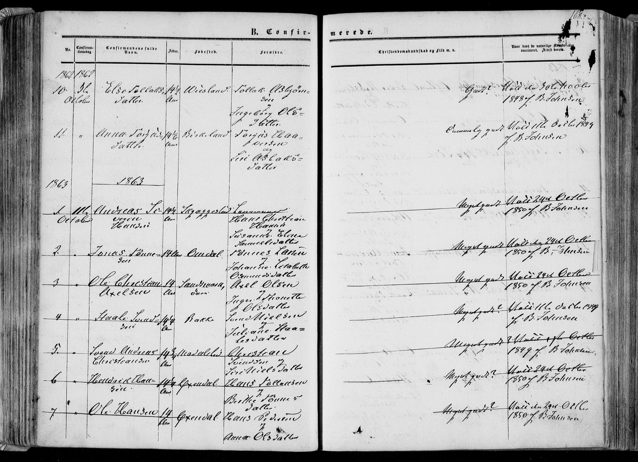 Bakke sokneprestkontor, SAK/1111-0002/F/Fa/Faa/L0006: Parish register (official) no. A 6, 1855-1877, p. 168