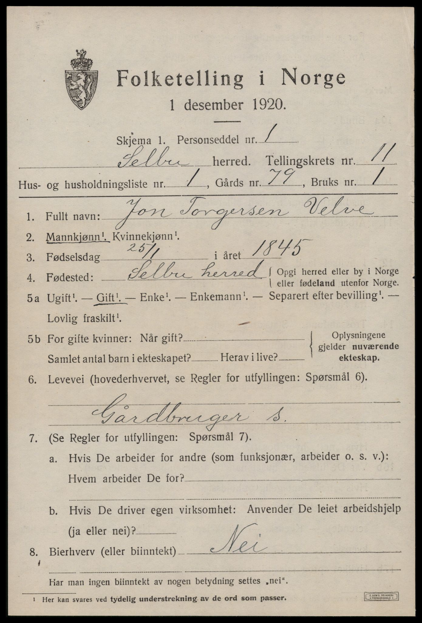 SAT, 1920 census for Selbu, 1920, p. 6182