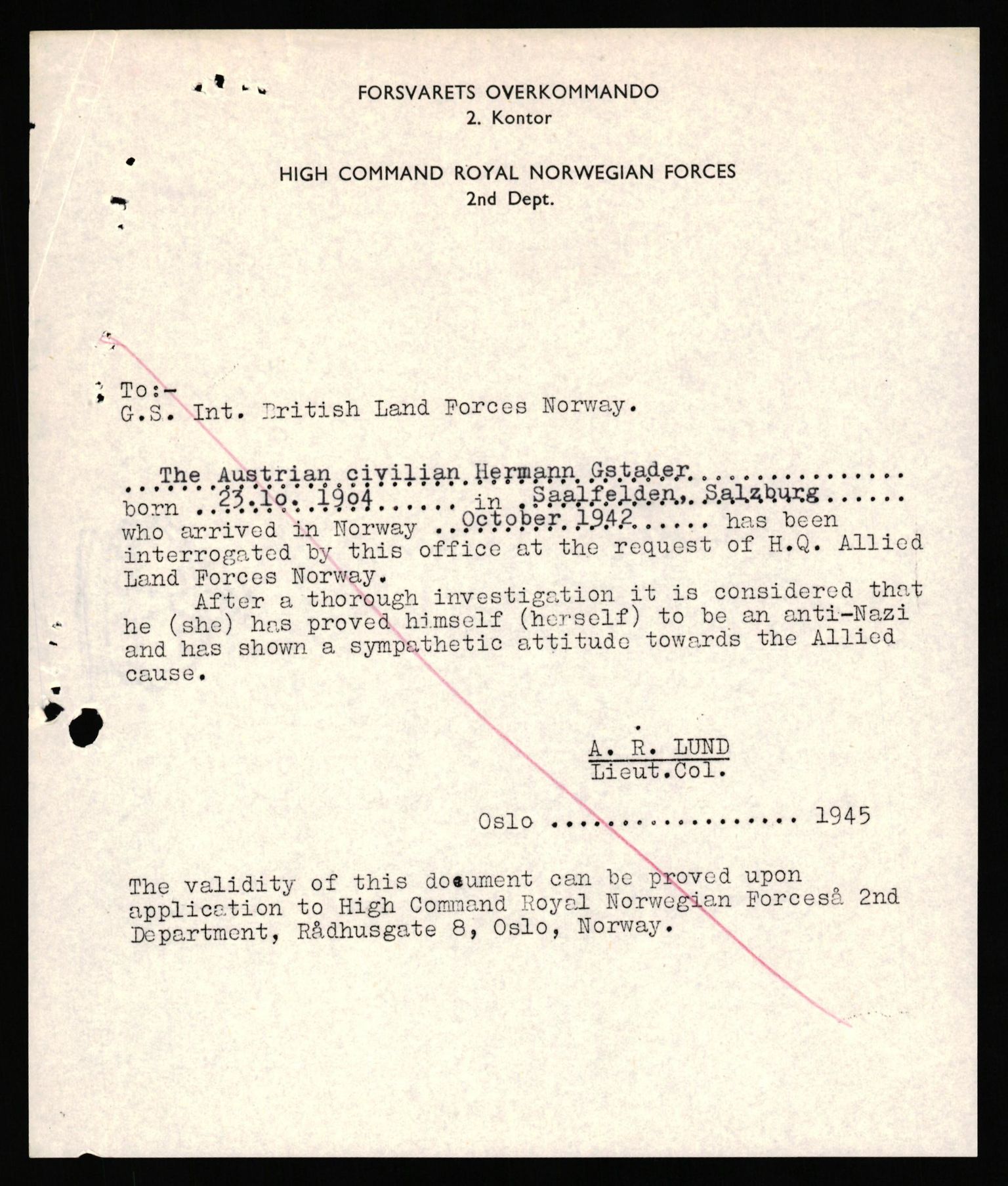 Forsvaret, Forsvarets overkommando II, RA/RAFA-3915/D/Db/L0038: CI Questionaires. Tyske okkupasjonsstyrker i Norge. Østerrikere., 1945-1946, p. 388