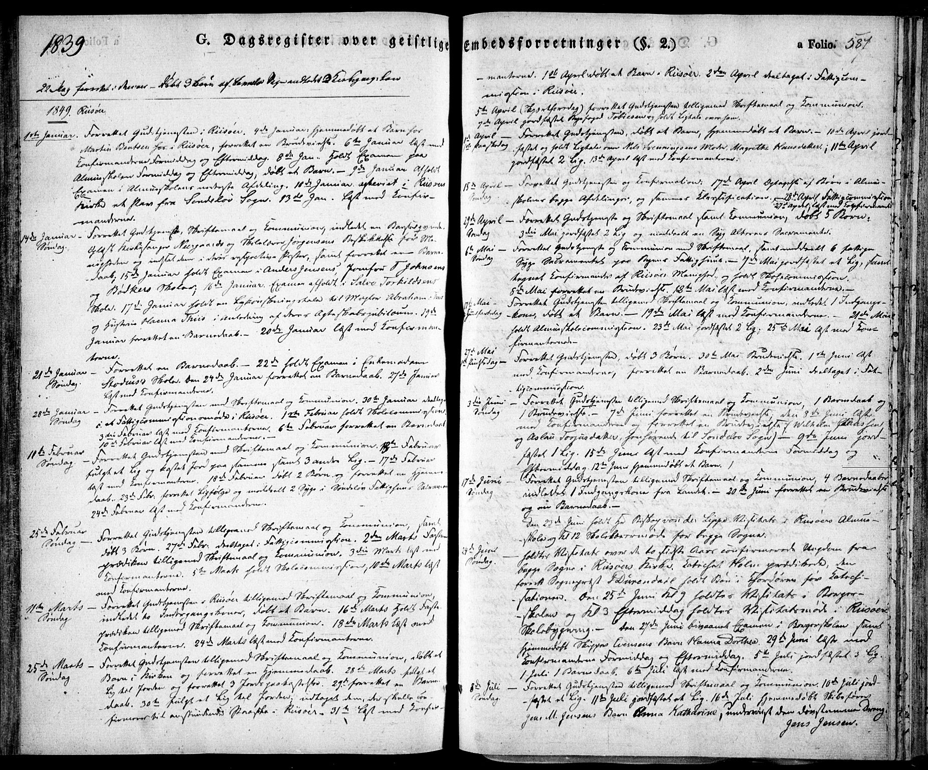 Risør sokneprestkontor, SAK/1111-0035/F/Fa/L0003: Parish register (official) no. A 3, 1838-1864, p. 587