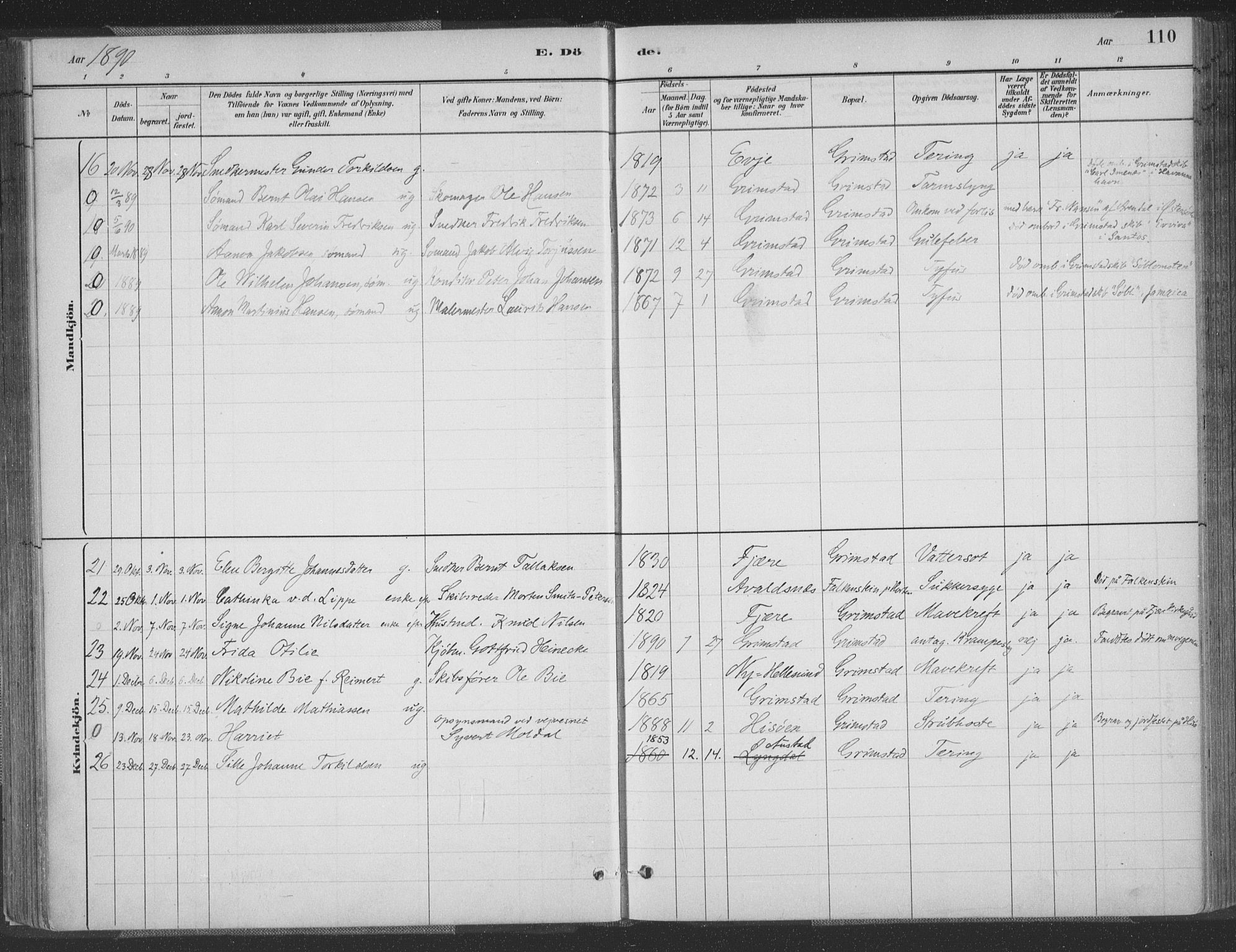 Grimstad sokneprestkontor, AV/SAK-1111-0017/F/Fa/L0004: Parish register (official) no. A 3, 1882-1910, p. 110