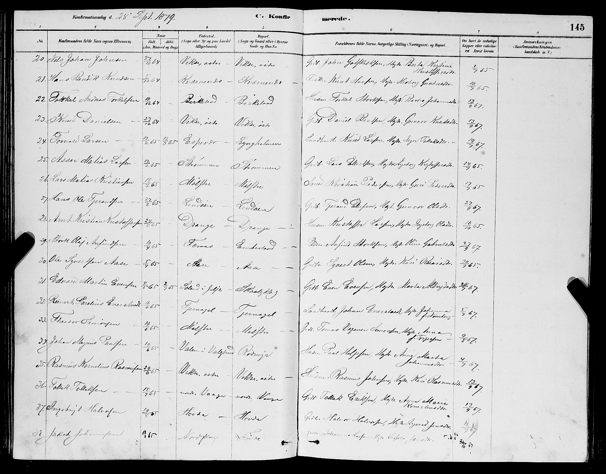 Sveio Sokneprestembete, SAB/A-78501/H/Hab: Parish register (copy) no. A 3, 1878-1896, p. 145