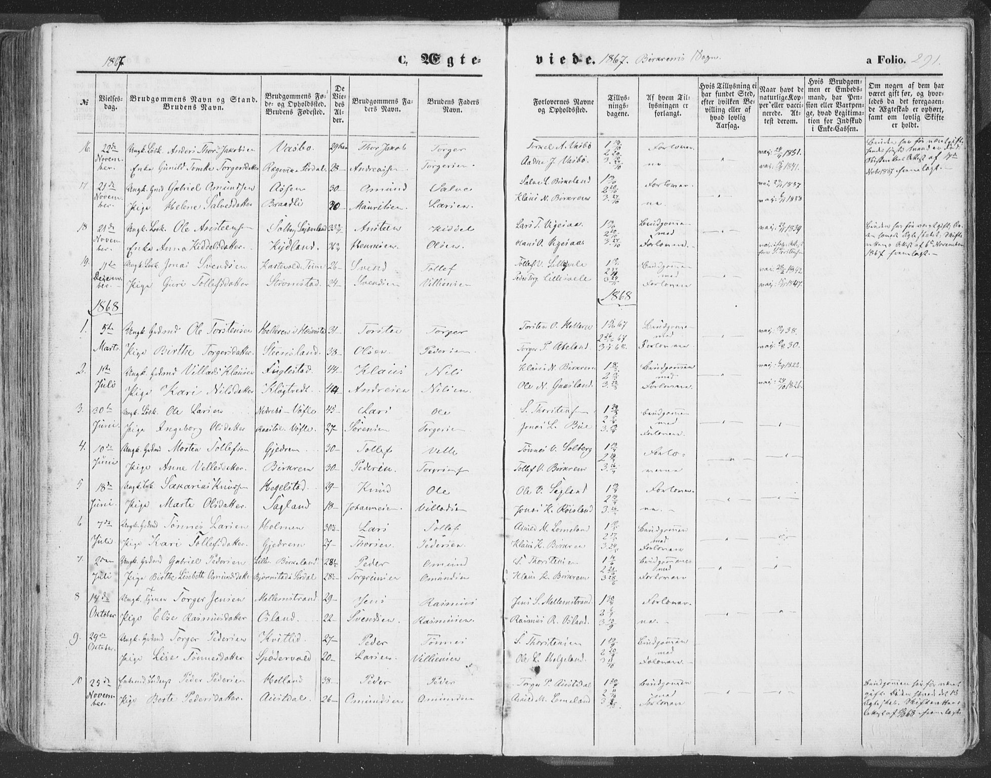 Helleland sokneprestkontor, AV/SAST-A-101810: Parish register (official) no. A 7.1, 1863-1886, p. 291