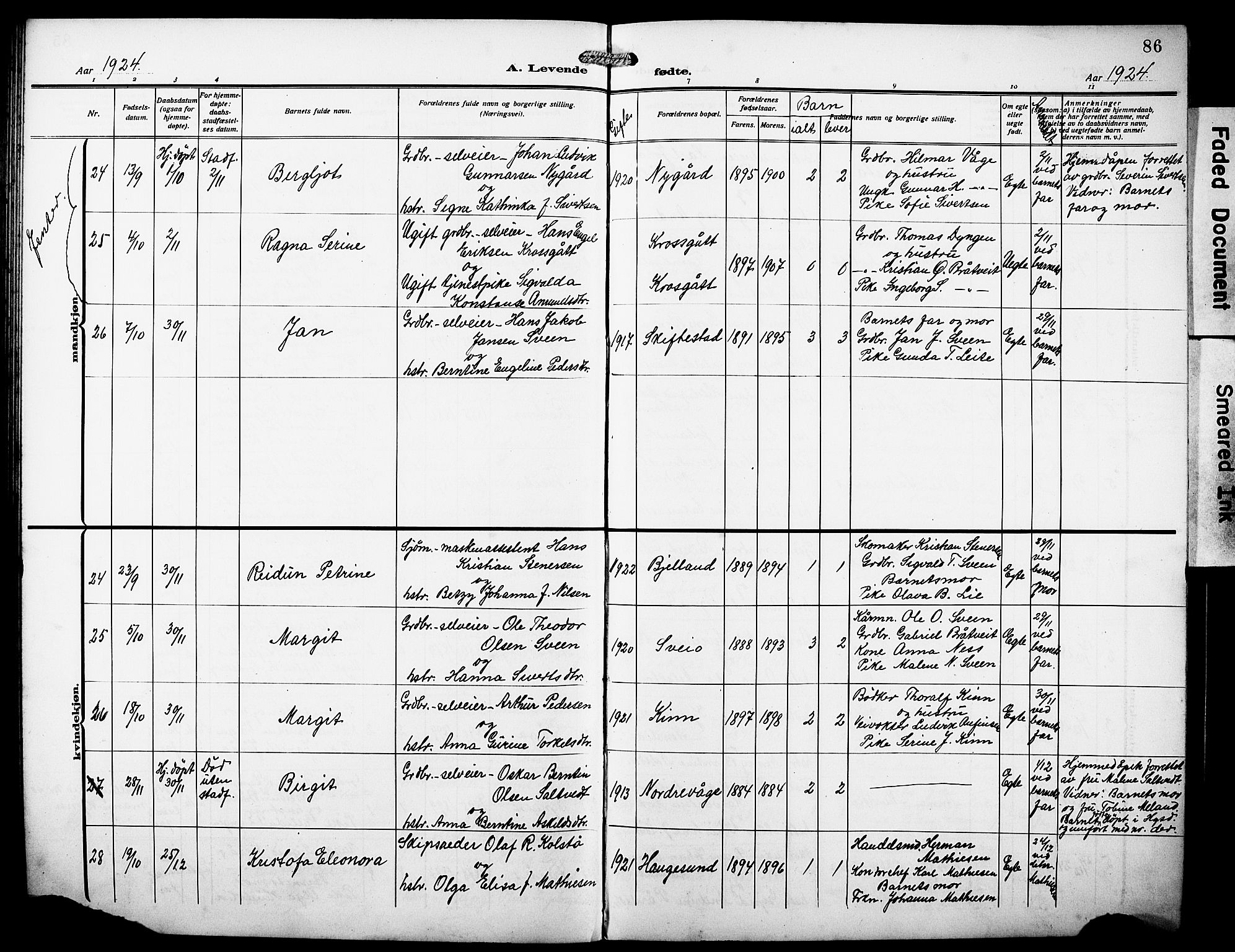 Sveio Sokneprestembete, AV/SAB-A-78501/H/Hab: Parish register (copy) no. A 5, 1911-1926, p. 86