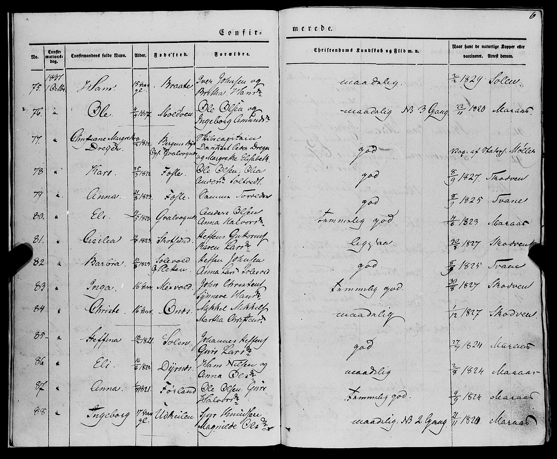 Lindås Sokneprestembete, AV/SAB-A-76701/H/Haa/Haaa/L0012: Parish register (official) no. A 12, 1836-1848, p. 6