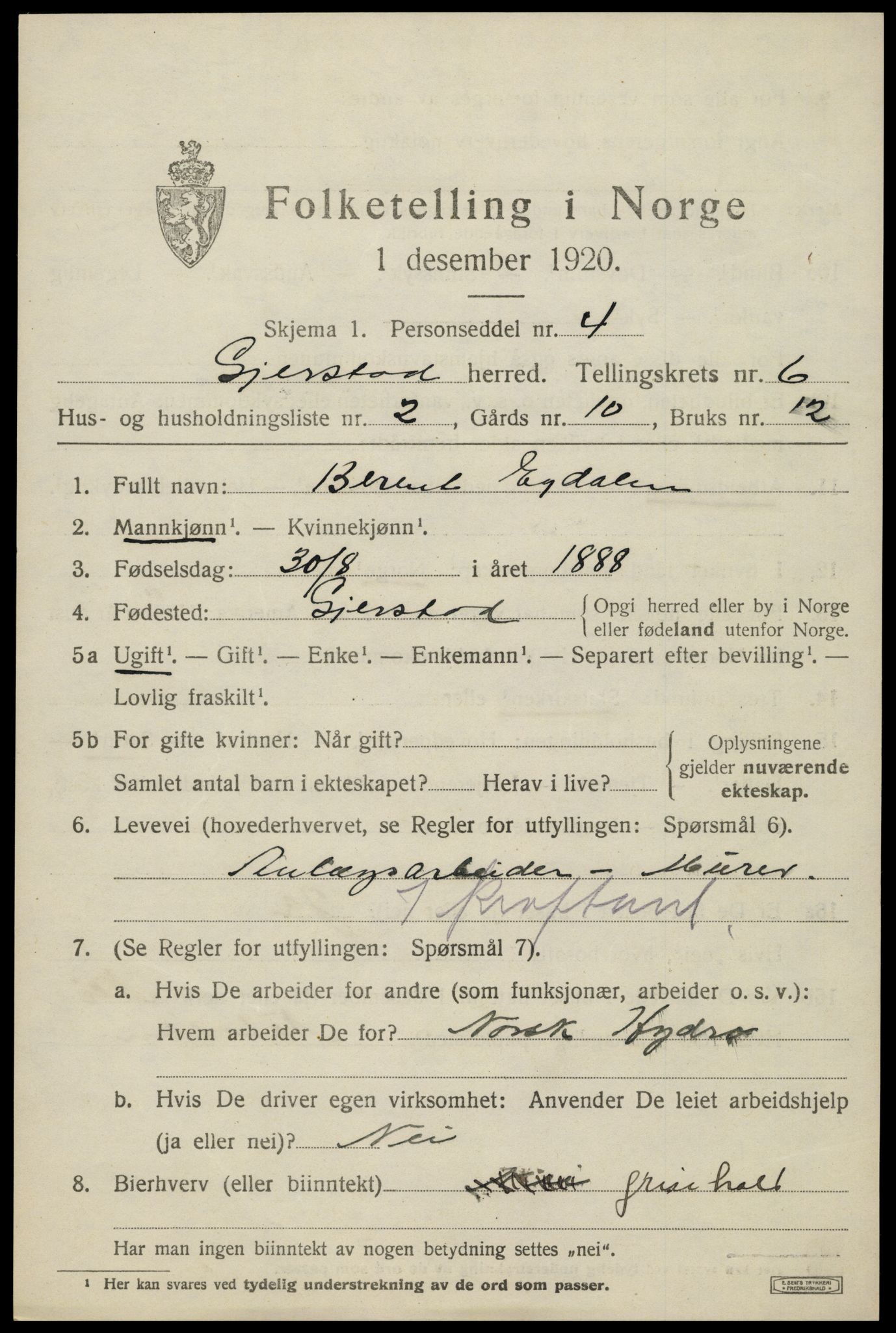 SAK, 1920 census for Gjerstad, 1920, p. 3825