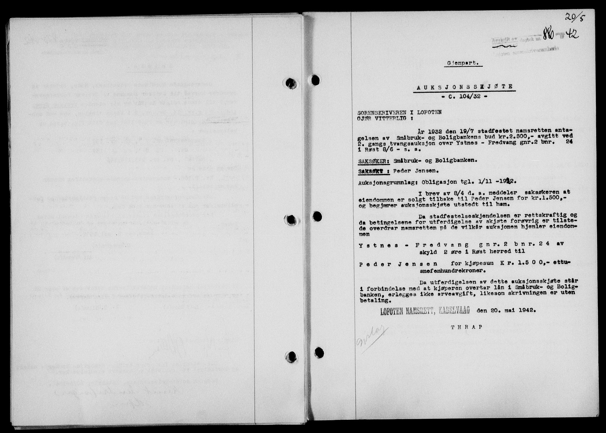Lofoten sorenskriveri, SAT/A-0017/1/2/2C/L0009a: Mortgage book no. 9a, 1941-1942, Diary no: : 880/1942