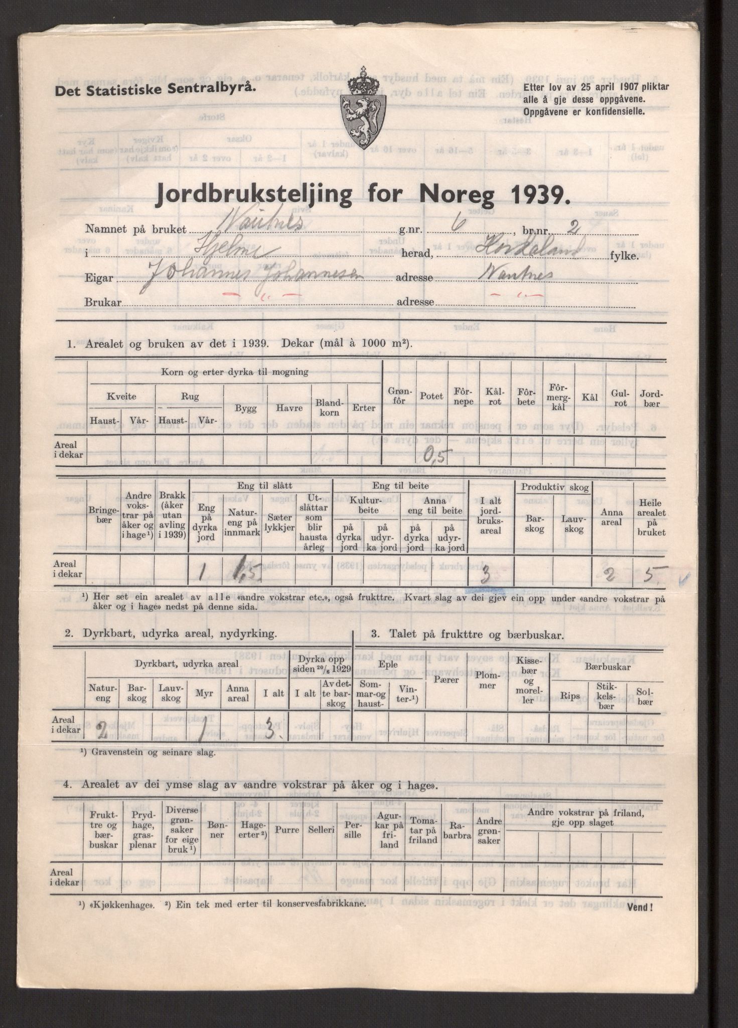 Statistisk sentralbyrå, Næringsøkonomiske emner, Jordbruk, skogbruk, jakt, fiske og fangst, AV/RA-S-2234/G/Gb/L0211: Hordaland: Herdla, Hjelme og Manger, 1939, p. 1167