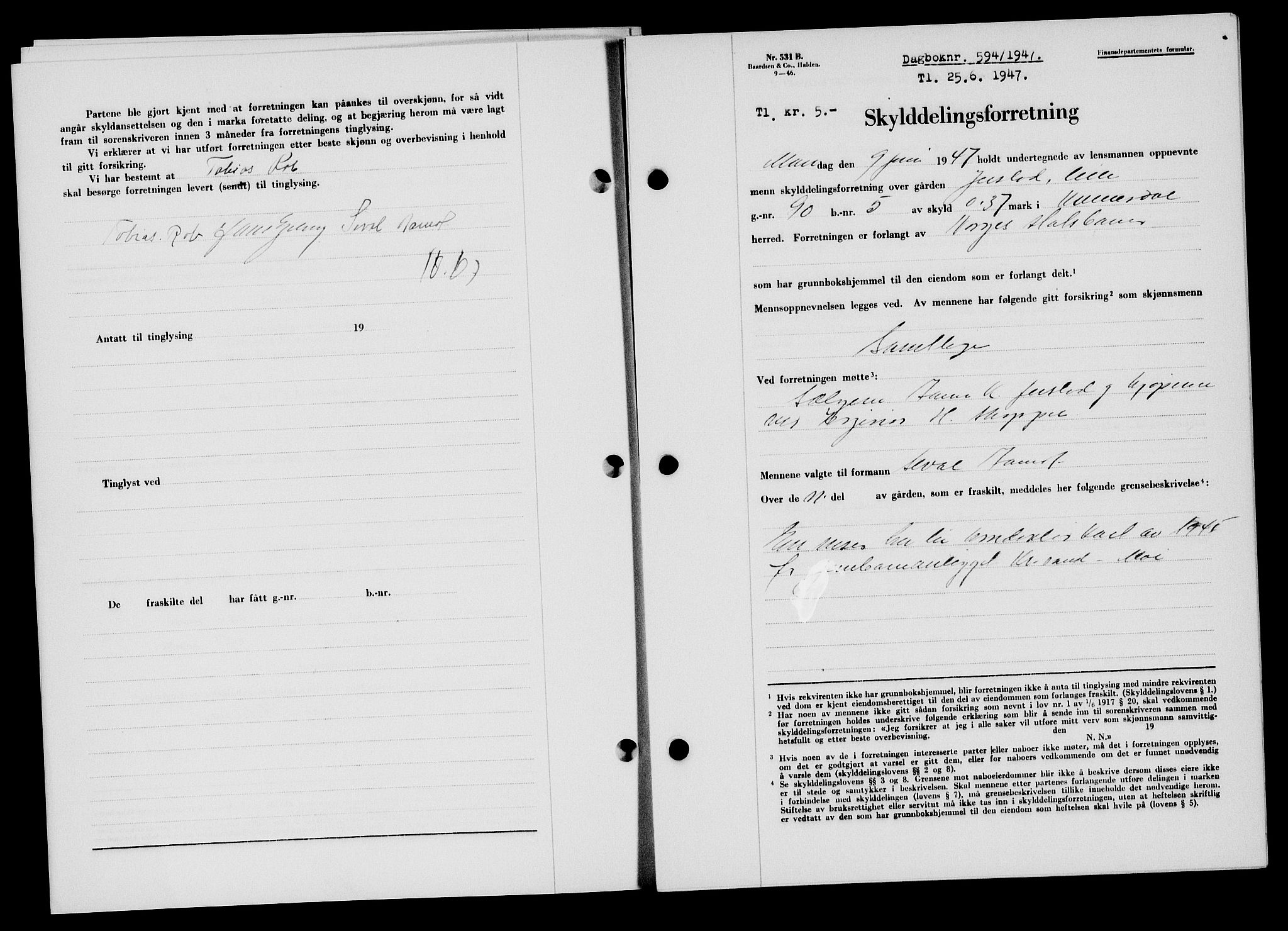 Flekkefjord sorenskriveri, SAK/1221-0001/G/Gb/Gba/L0062: Mortgage book no. A-10, 1947-1947, Diary no: : 594/1947