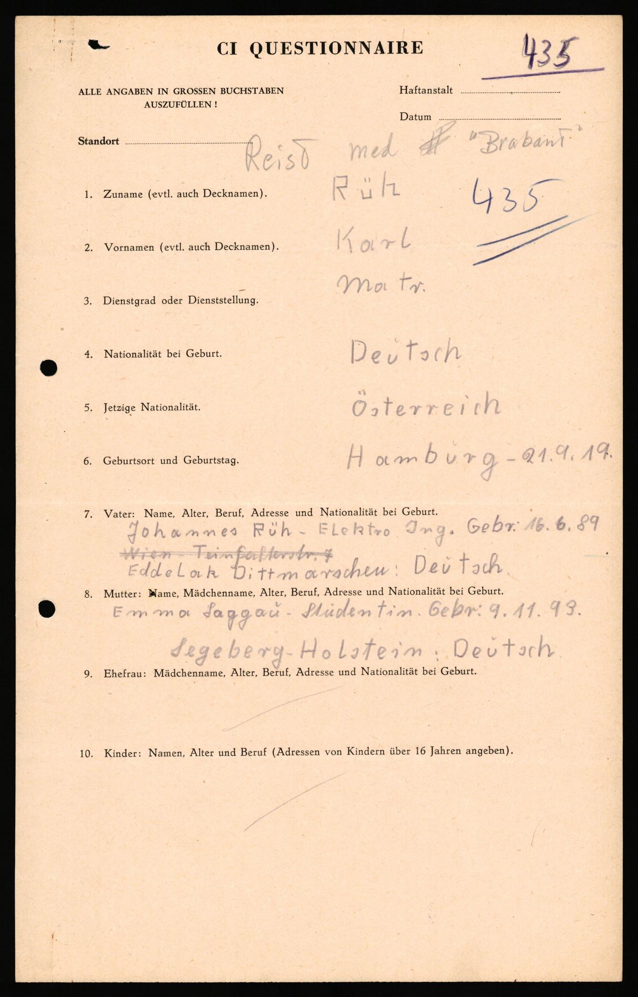 Forsvaret, Forsvarets overkommando II, AV/RA-RAFA-3915/D/Db/L0040: CI Questionaires. Tyske okkupasjonsstyrker i Norge. Østerrikere., 1945-1946, p. 126