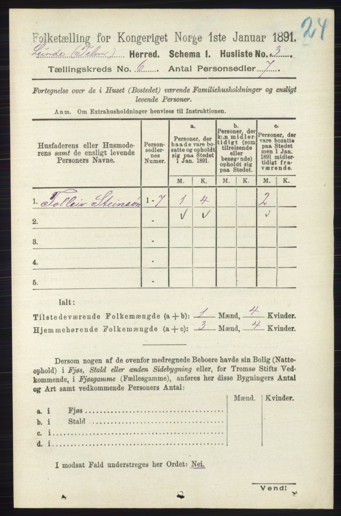 RA, 1891 census for 0820 Lunde, 1891, p. 2006