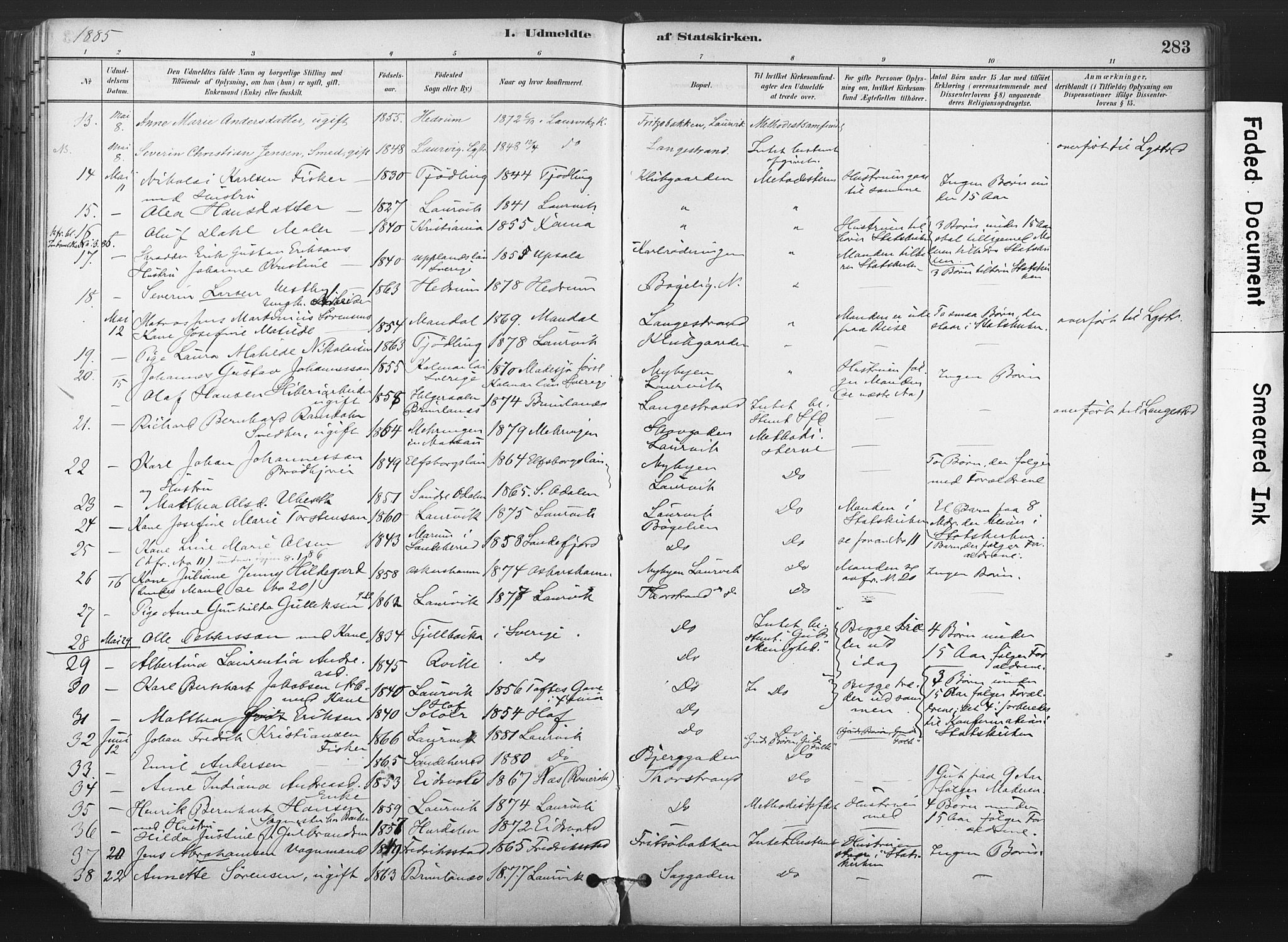 Larvik kirkebøker, AV/SAKO-A-352/F/Fa/L0010: Parish register (official) no. I 10, 1884-1910, p. 283