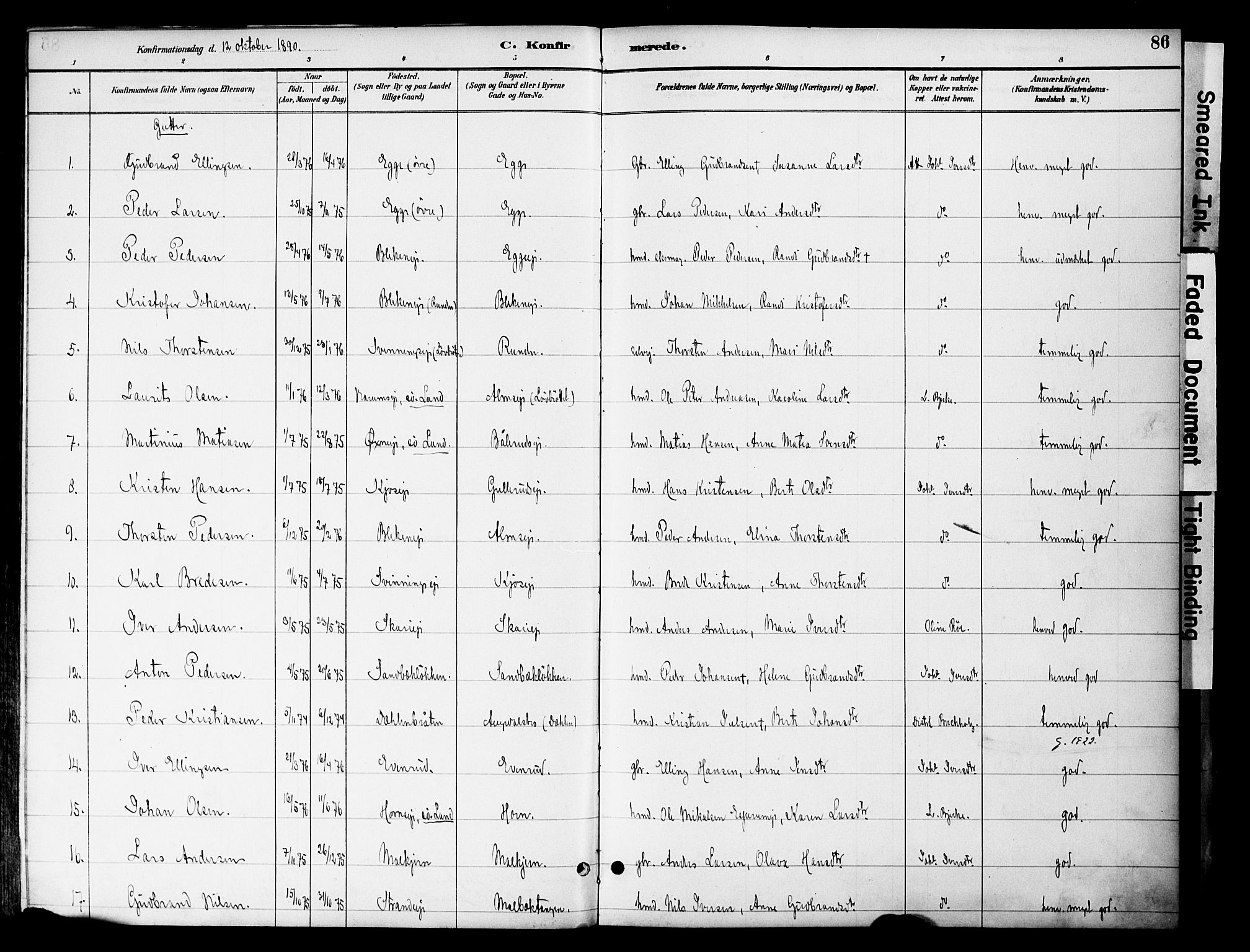 Gran prestekontor, SAH/PREST-112/H/Ha/Haa/L0020: Parish register (official) no. 20, 1889-1899, p. 86