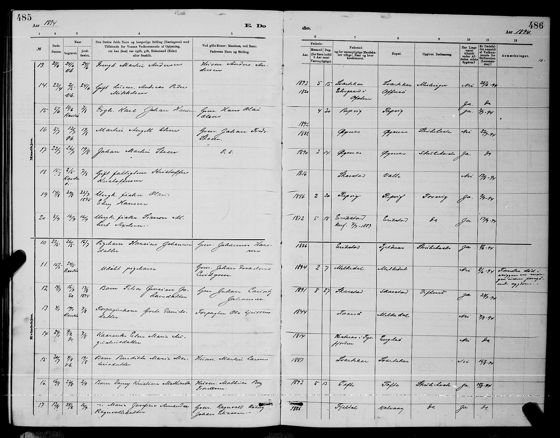 Ministerialprotokoller, klokkerbøker og fødselsregistre - Nordland, AV/SAT-A-1459/872/L1047: Parish register (copy) no. 872C03, 1880-1897, p. 485-486