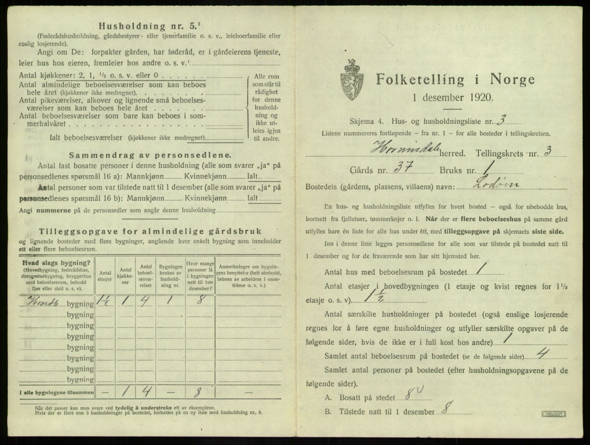 SAB, 1920 census for Hornindal, 1920, p. 107