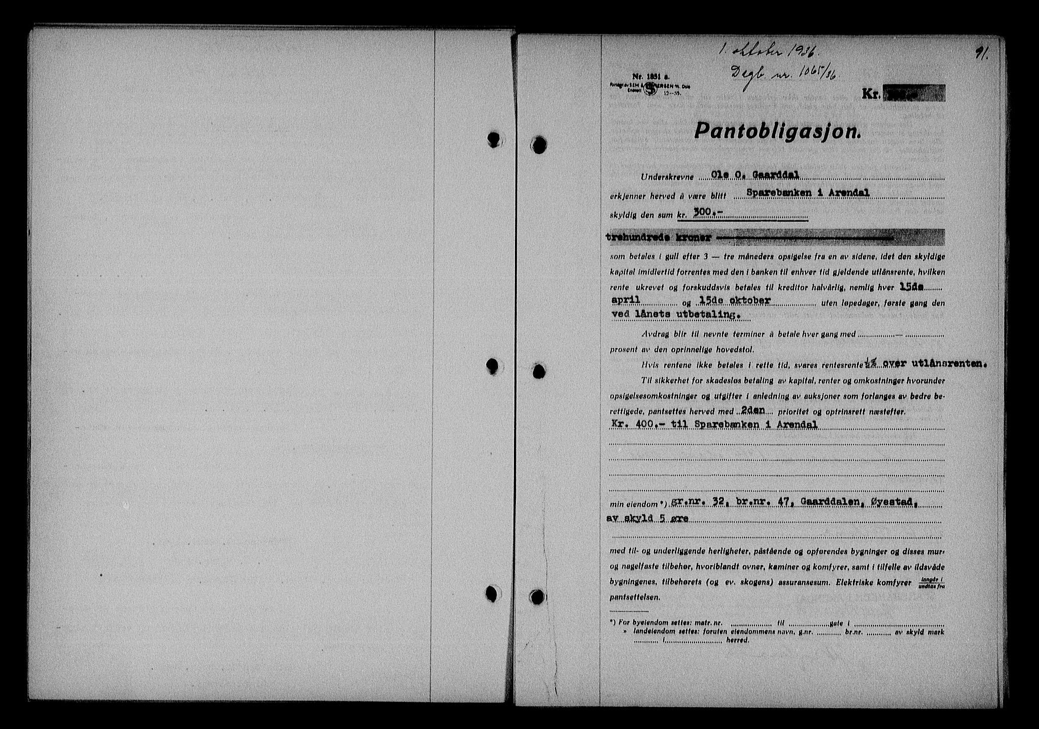 Nedenes sorenskriveri, AV/SAK-1221-0006/G/Gb/Gba/L0043: Mortgage book no. 39, 1936-1937, Diary no: : 1065/1936