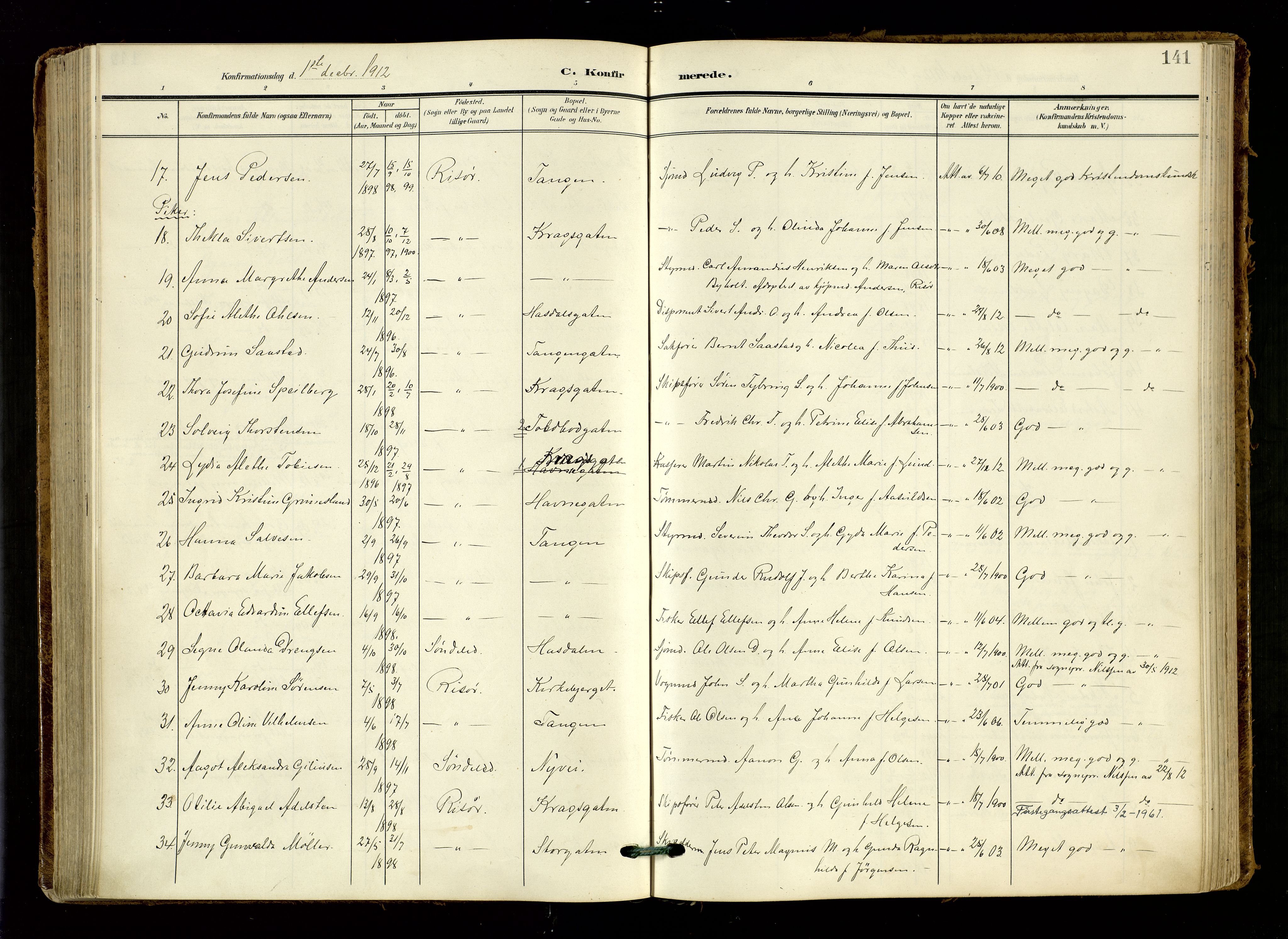 Risør sokneprestkontor, AV/SAK-1111-0035/F/Fa/L0011: Parish register (official) no. A 11, 1907-1920, p. 141