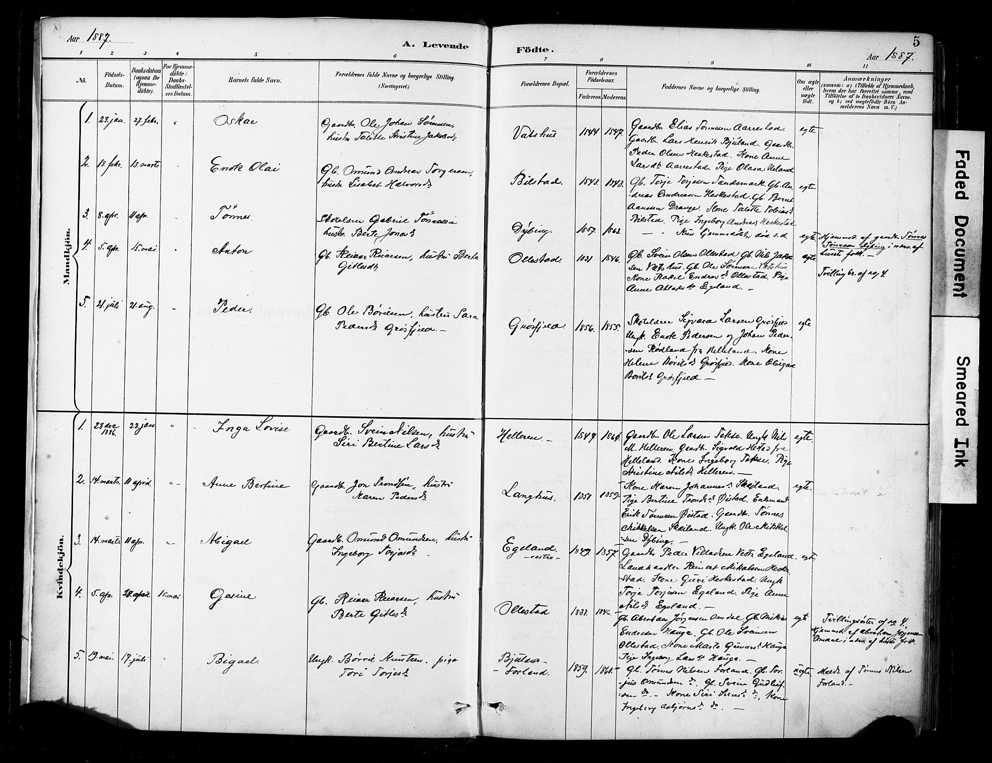 Lund sokneprestkontor, SAST/A-101809/S06/L0012: Parish register (official) no. A 11, 1887-1921, p. 5