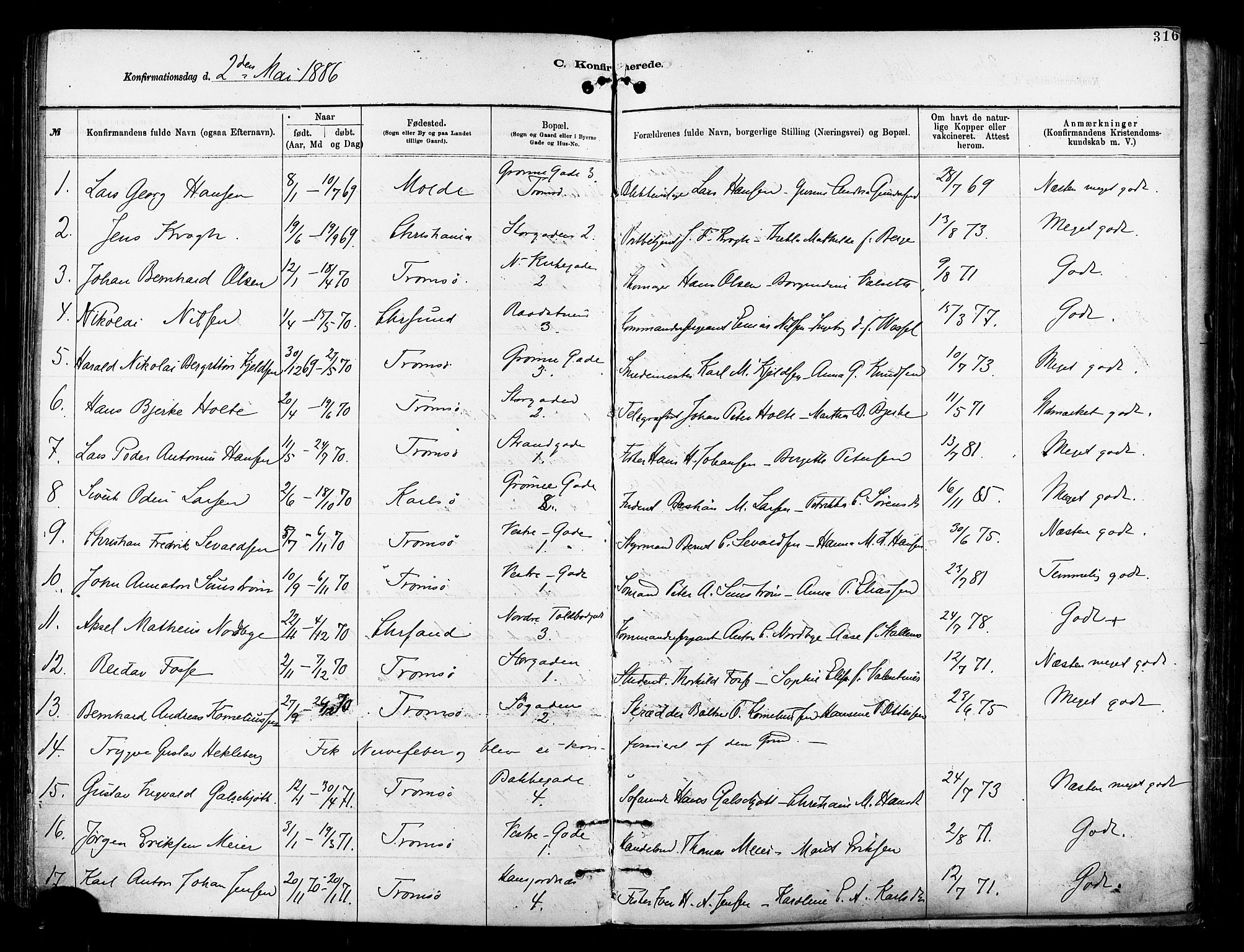 Tromsø sokneprestkontor/stiftsprosti/domprosti, AV/SATØ-S-1343/G/Ga/L0014kirke: Parish register (official) no. 14, 1878-1888, p. 316